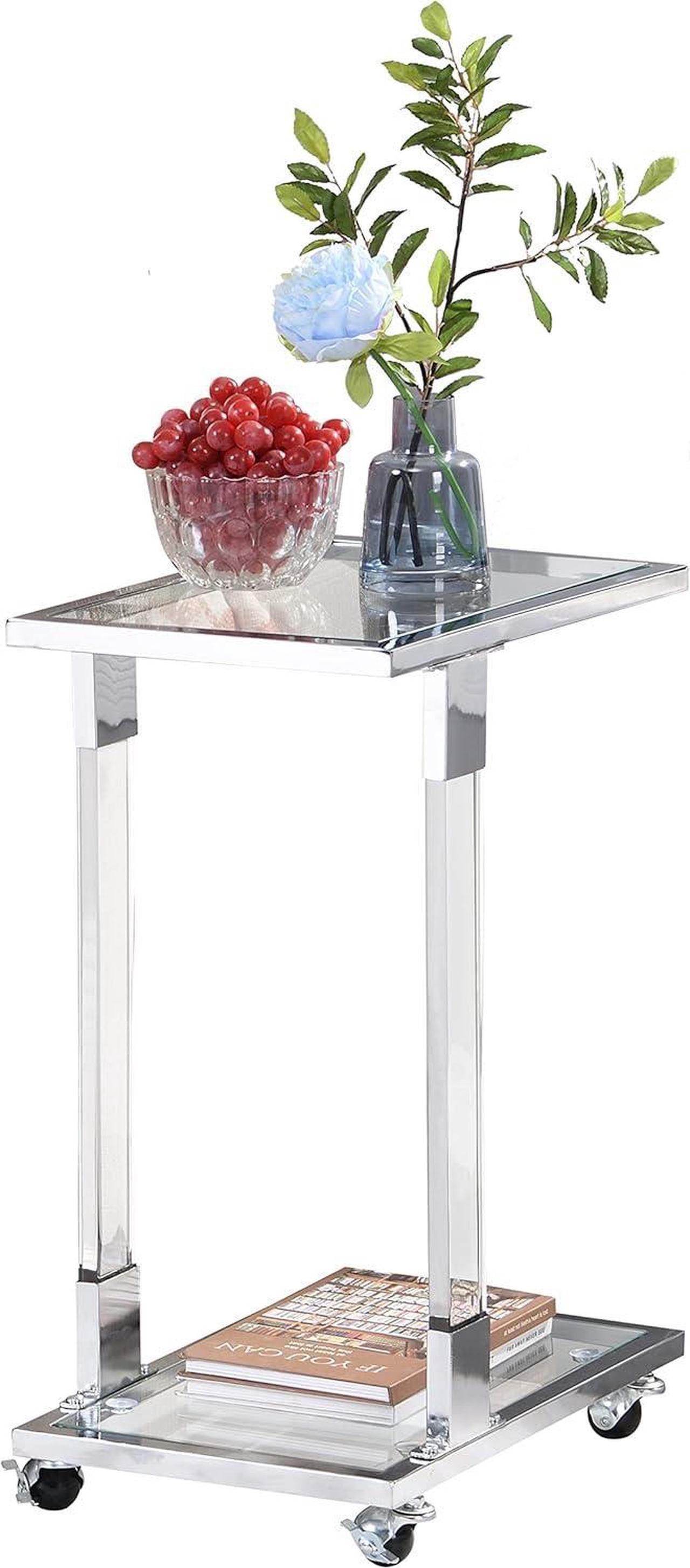 Main image of Silver Sofa Side End Table C Shaped Tables, Mobile Rolling Acrylic Small Glass Coffee Table with 2-Tier Shelves
