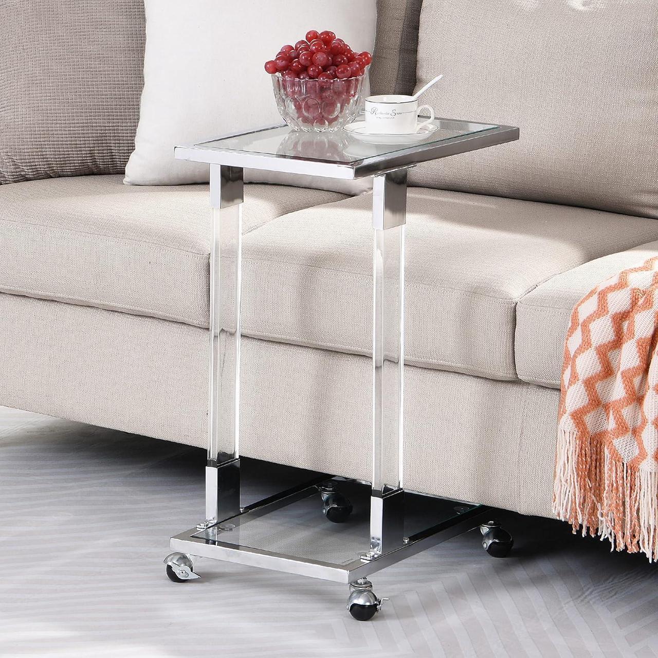Alt view image 2 of 7 - Silver Sofa Side End Table C Shaped Tables, Mobile Rolling Acrylic Small Glass Coffee Table with 2-Tier Shelves