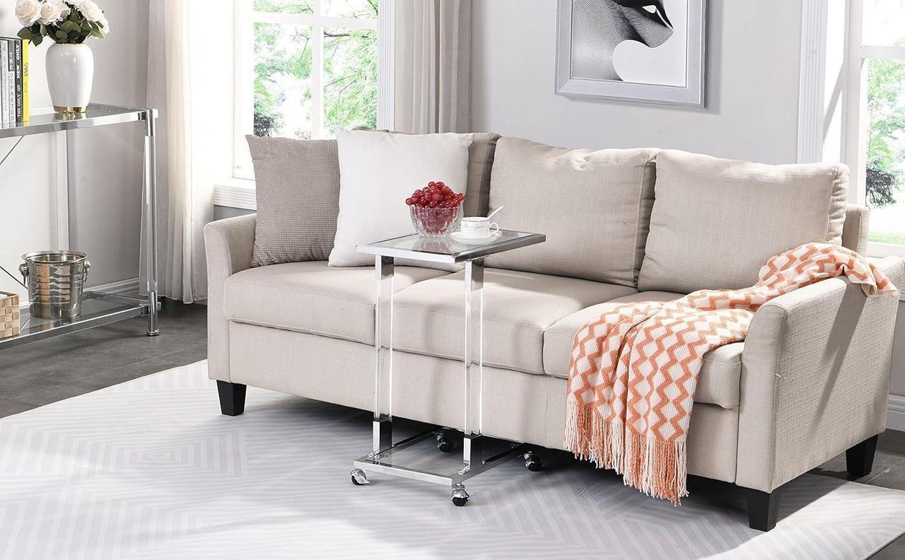 Alt view image 4 of 7 - Silver Sofa Side End Table C Shaped Tables, Mobile Rolling Acrylic Small Glass Coffee Table with 2-Tier Shelves