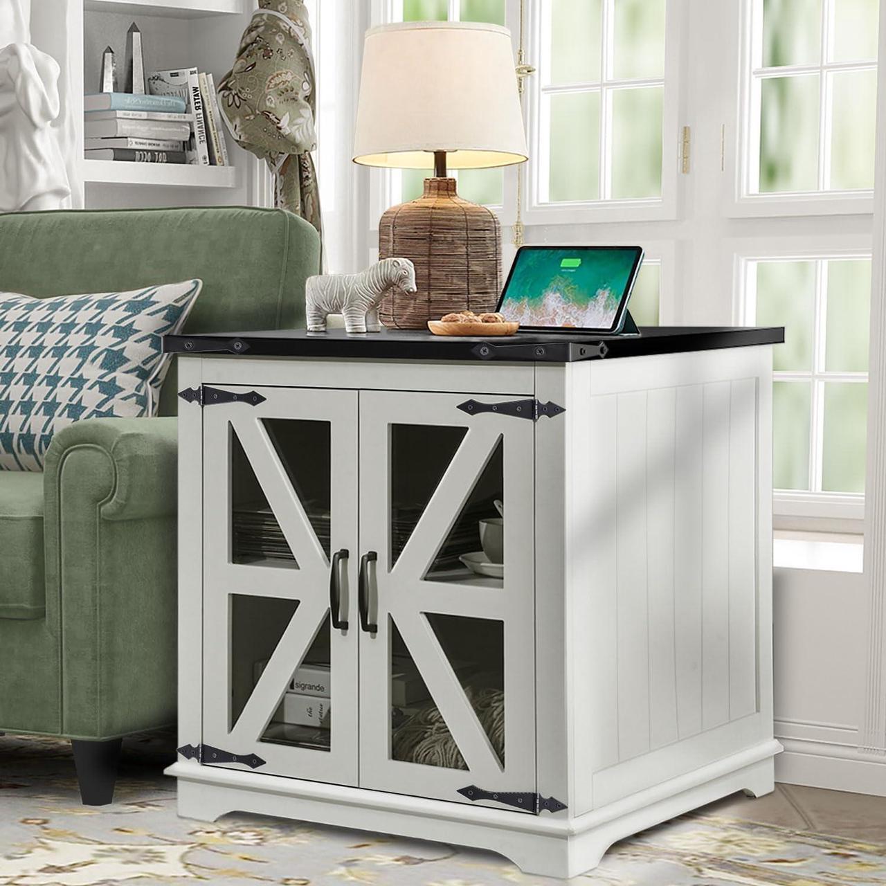 Main image of Farmhouse End Table, 24" Large End Tables with Storage, Rustic Square Sofa Beside Table with Glass Barn Door, Wood Side Table Square Nightstand for Living Room, Bedroom, Office (White)