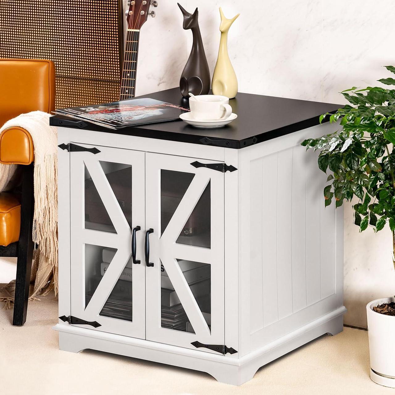 Alt view image 5 of 7 - Farmhouse End Table, 24" Large End Tables with Storage, Rustic Square Sofa Beside Table with Glass Barn Door, Wood Side Table Square Nightstand for Living Room, Bedroom, Office (White)