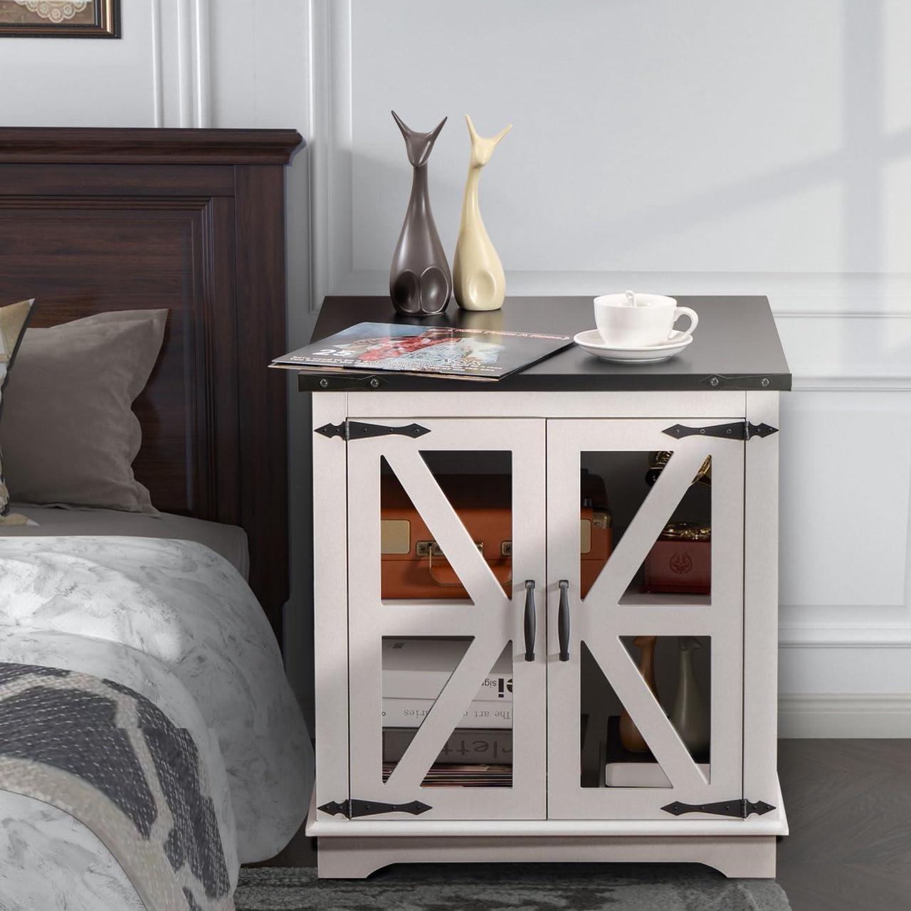 Alt view image 6 of 7 - Farmhouse End Table, 24" Large End Tables with Storage, Rustic Square Sofa Beside Table with Glass Barn Door, Wood Side Table Square Nightstand for Living Room, Bedroom, Office (White)
