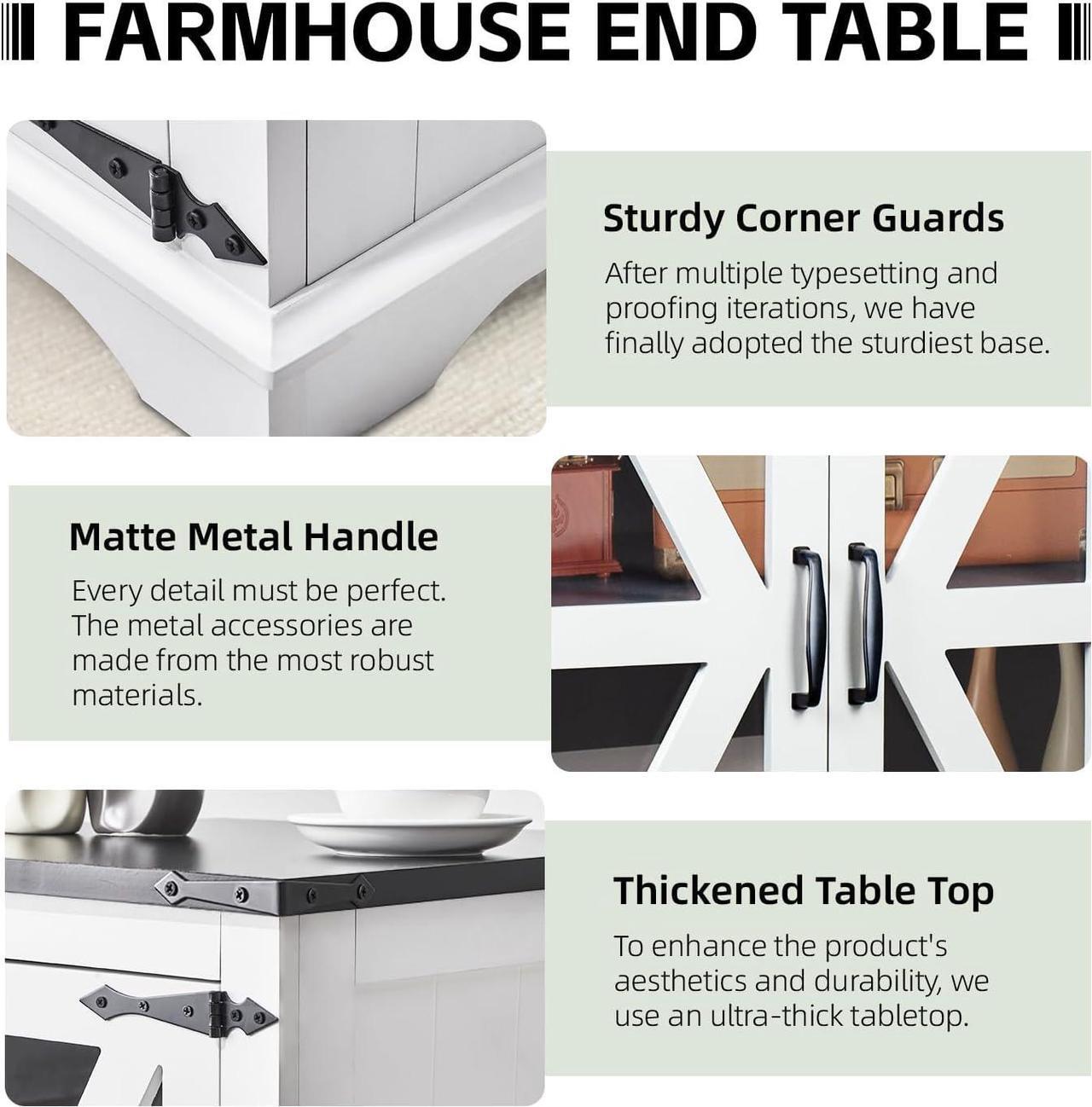 Alt view image 7 of 7 - Farmhouse End Table, 24" Large End Tables with Storage, Rustic Square Sofa Beside Table with Glass Barn Door, Wood Side Table Square Nightstand for Living Room, Bedroom, Office (White)