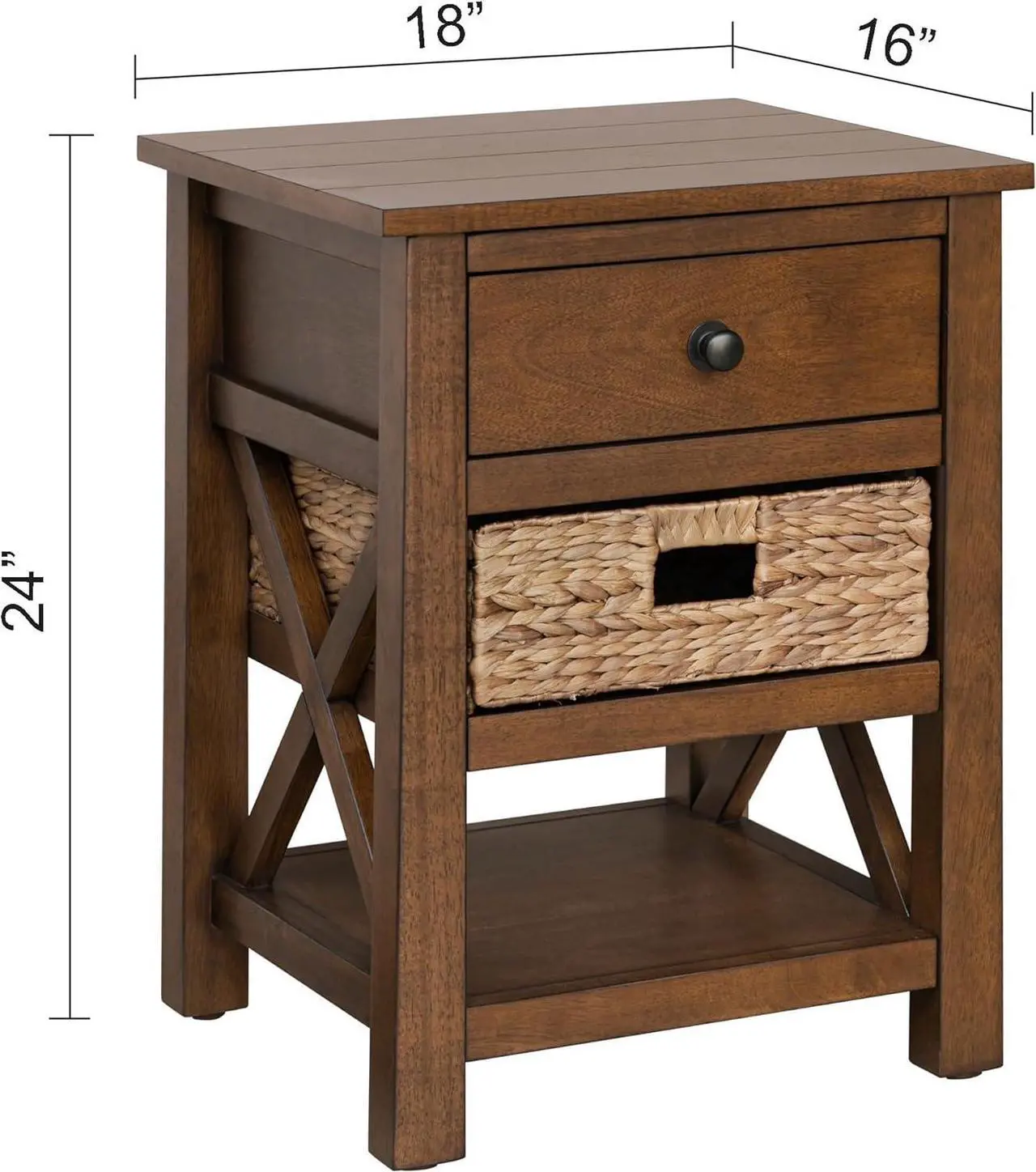 Alt view image 3 of 7 - eHemco X-Side Nightstand End Table Side Table with Drawer, 2 Storage Shelves and Wicker Basket, Coffee