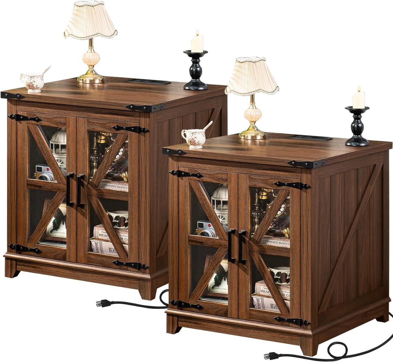 Main image of Farmhouse End Table Set of 2,24" Large Sofa Side Table with Charging Station Glass Barn Door,Wood Nightstand with Adjustable Storage Shelf,Square Bedside Table for Living Room,Bedroom,Office-Brown