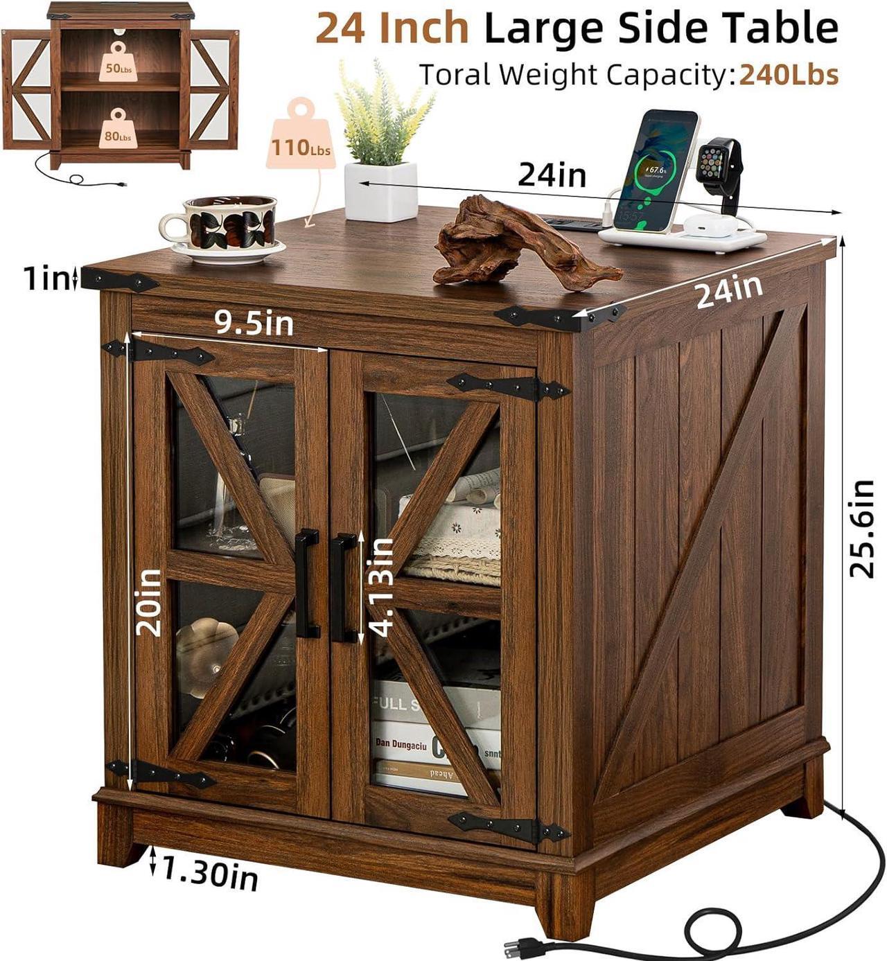 Alt view image 3 of 7 - Farmhouse End Table Set of 2,24" Large Sofa Side Table with Charging Station Glass Barn Door,Wood Nightstand with Adjustable Storage Shelf,Square Bedside Table for Living Room,Bedroom,Office-Brown