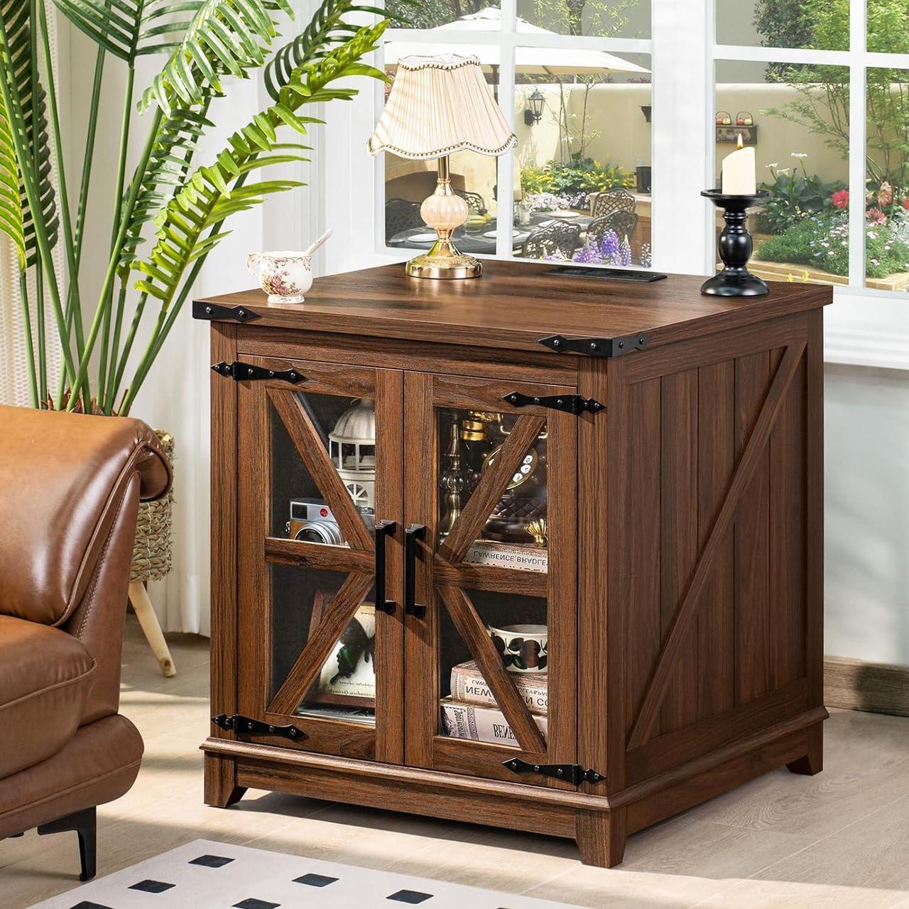 Alt view image 2 of 7 - Farmhouse End Table Set of 2,24" Large Sofa Side Table with Charging Station Glass Barn Door,Wood Nightstand with Adjustable Storage Shelf,Square Bedside Table for Living Room,Bedroom,Office-Brown