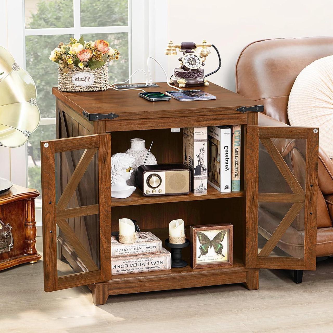 Alt view image 5 of 7 - Farmhouse End Table Set of 2,24" Large Sofa Side Table with Charging Station Glass Barn Door,Wood Nightstand with Adjustable Storage Shelf,Square Bedside Table for Living Room,Bedroom,Office-Brown