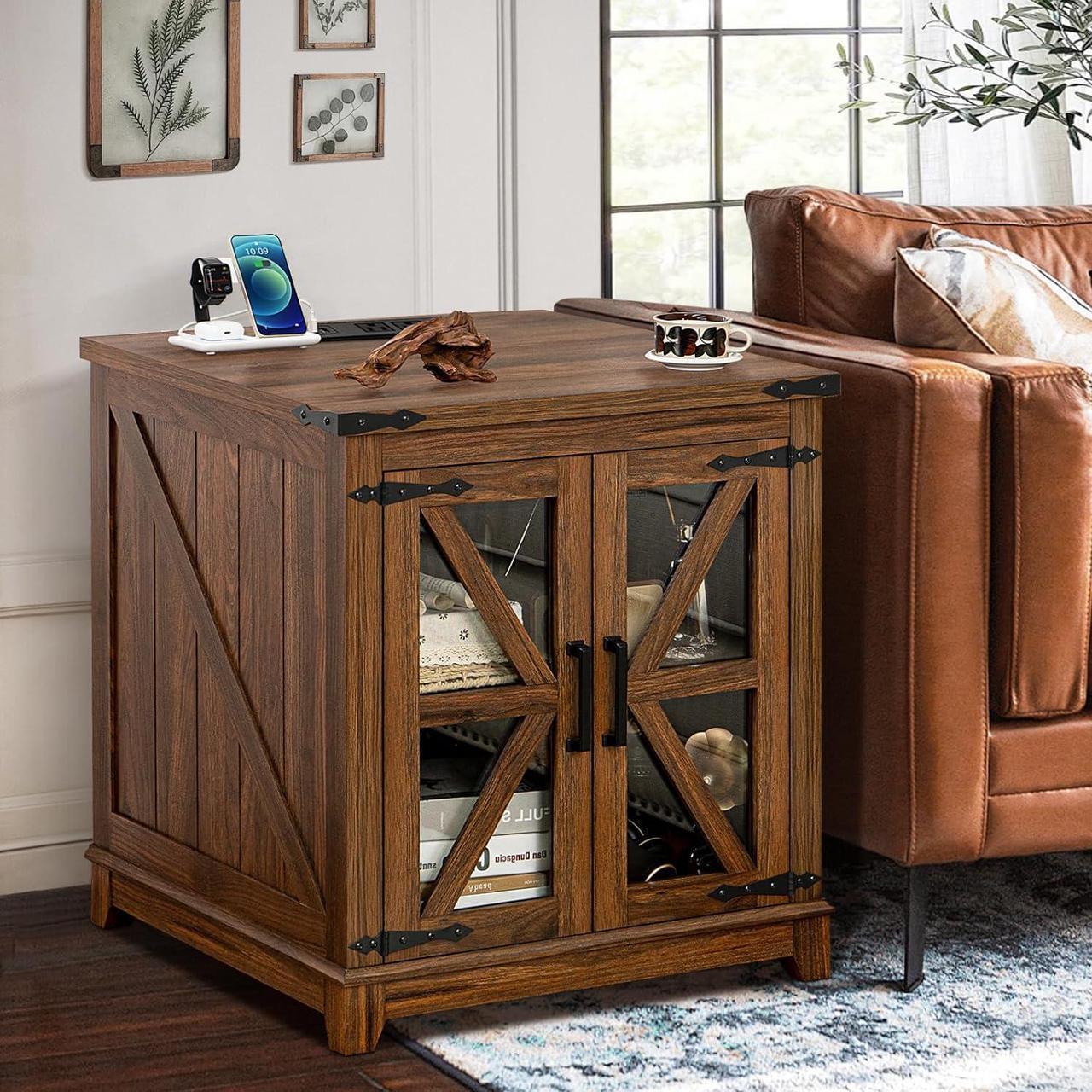 Alt view image 6 of 7 - Farmhouse End Table Set of 2,24" Large Sofa Side Table with Charging Station Glass Barn Door,Wood Nightstand with Adjustable Storage Shelf,Square Bedside Table for Living Room,Bedroom,Office-Brown