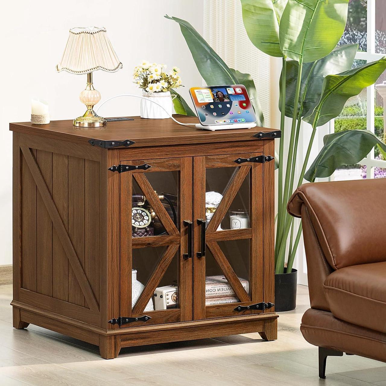 Alt view image 4 of 7 - Farmhouse End Table Set of 2,24" Large Sofa Side Table with Charging Station Glass Barn Door,Wood Nightstand with Adjustable Storage Shelf,Square Bedside Table for Living Room,Bedroom,Office-Brown