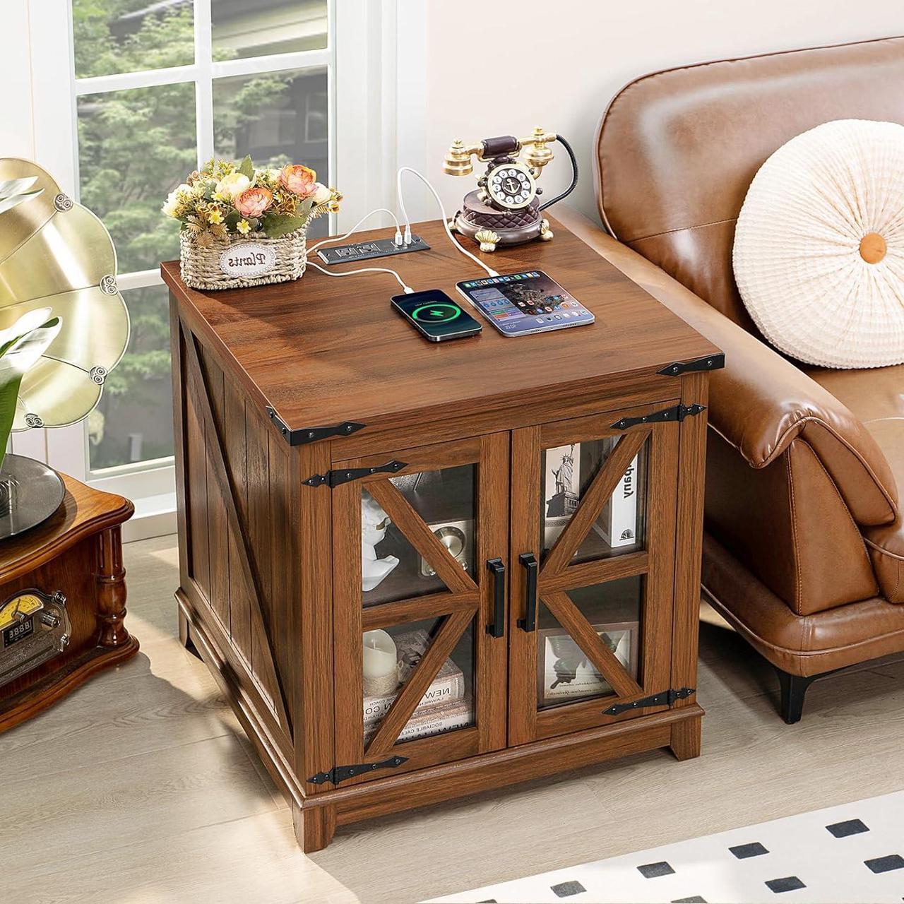 Alt view image 7 of 7 - Farmhouse End Table Set of 2,24" Large Sofa Side Table with Charging Station Glass Barn Door,Wood Nightstand with Adjustable Storage Shelf,Square Bedside Table for Living Room,Bedroom,Office-Brown
