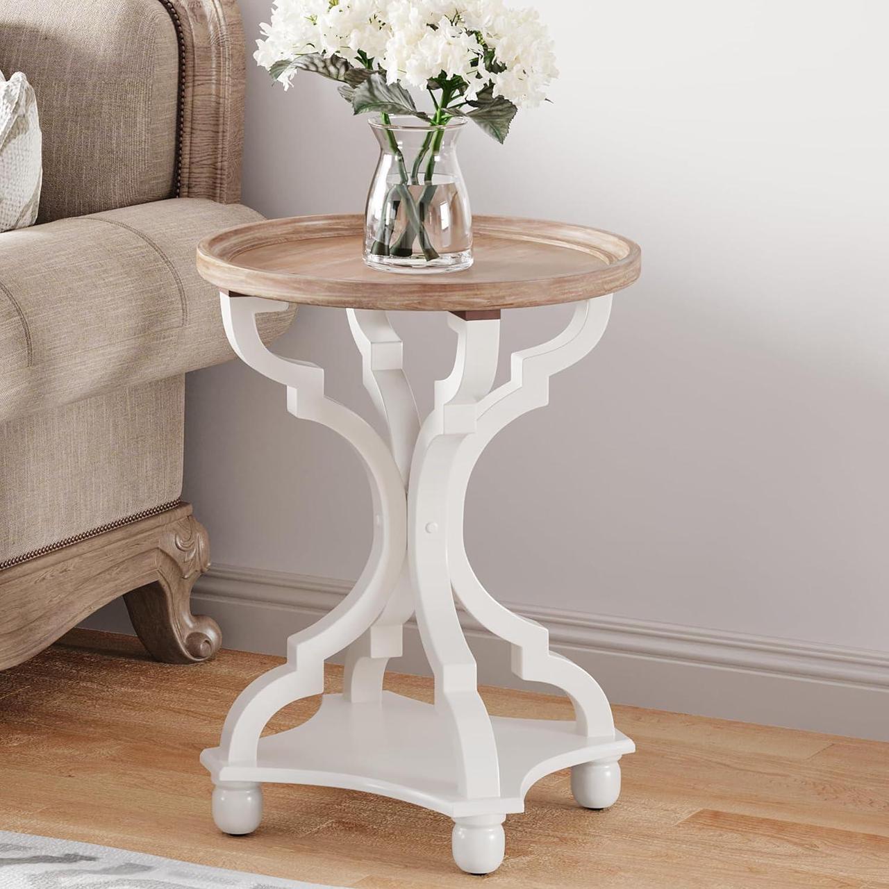 Main image of Function Home Rustic Round End Tables, Farmhouse Small Accent Side Table with Natural Tray Top and Concave Legs, French Country Nightstand for Living Room Bedroom Entryway in Vintage White