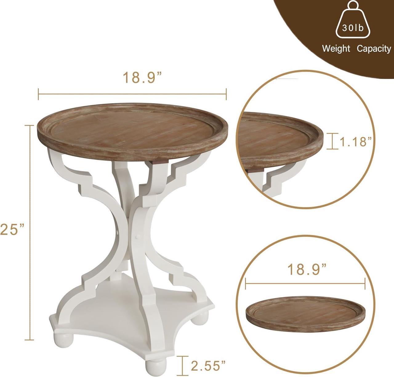 Alt view image 2 of 7 - Function Home Rustic Round End Tables, Farmhouse Small Accent Side Table with Natural Tray Top and Concave Legs, French Country Nightstand for Living Room Bedroom Entryway in Vintage White