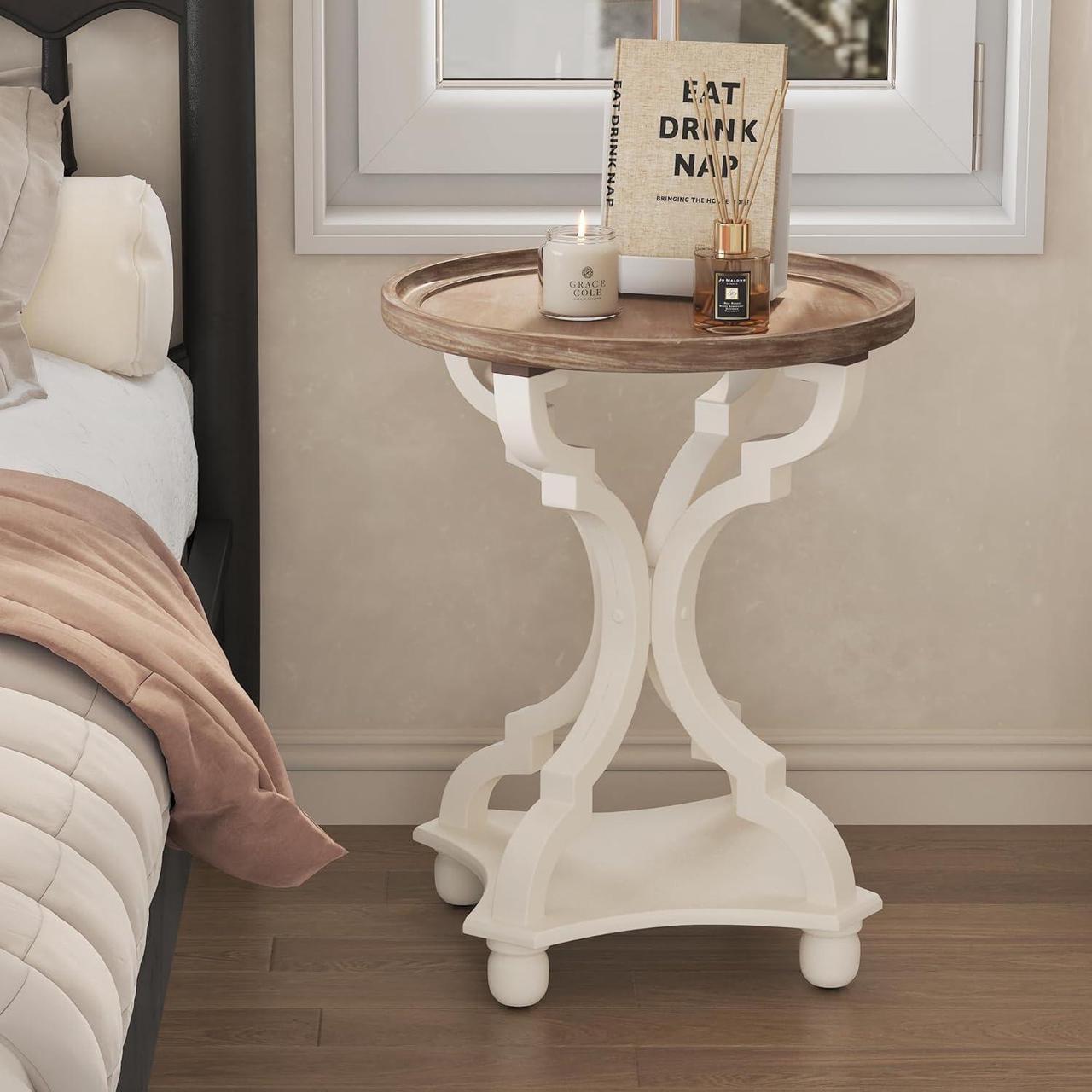 Alt view image 3 of 7 - Function Home Rustic Round End Tables, Farmhouse Small Accent Side Table with Natural Tray Top and Concave Legs, French Country Nightstand for Living Room Bedroom Entryway in Vintage White
