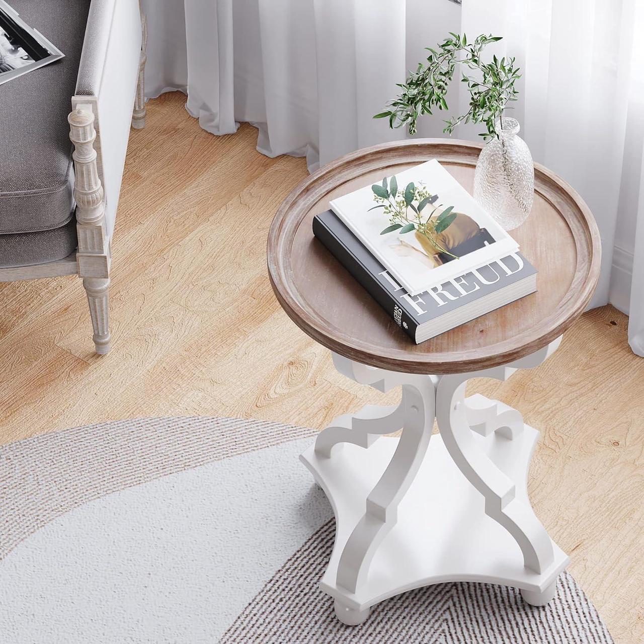 Alt view image 5 of 7 - Function Home Rustic Round End Tables, Farmhouse Small Accent Side Table with Natural Tray Top and Concave Legs, French Country Nightstand for Living Room Bedroom Entryway in Vintage White