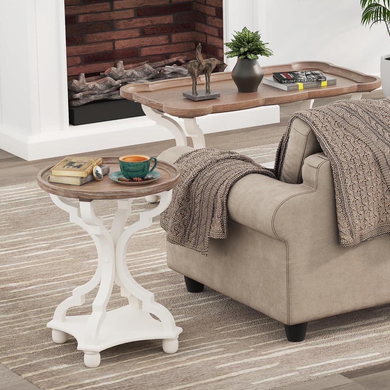 Alt view image 4 of 7 - Function Home Rustic Round End Tables, Farmhouse Small Accent Side Table with Natural Tray Top and Concave Legs, French Country Nightstand for Living Room Bedroom Entryway in Vintage White