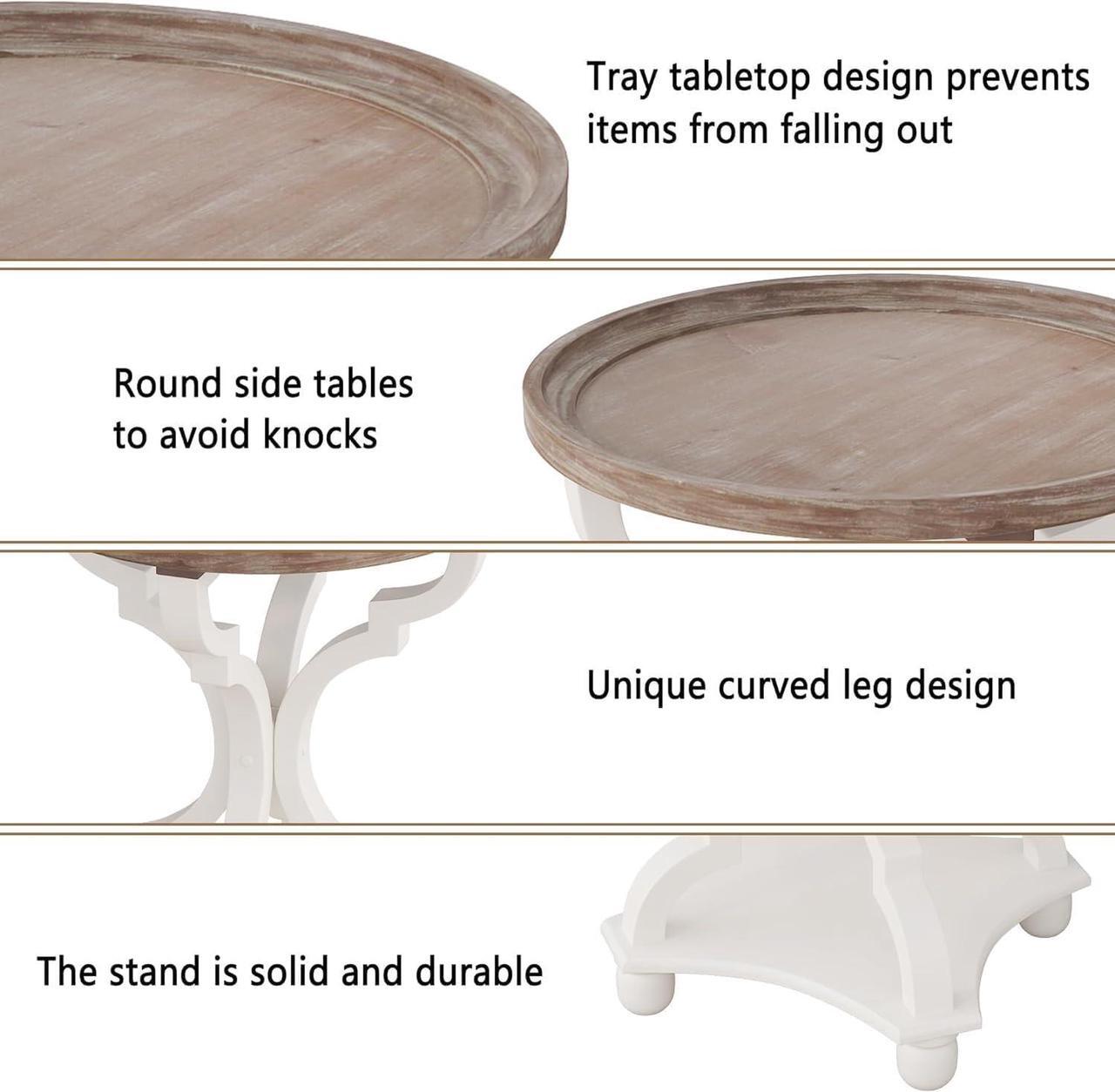 Alt view image 6 of 7 - Function Home Rustic Round End Tables, Farmhouse Small Accent Side Table with Natural Tray Top and Concave Legs, French Country Nightstand for Living Room Bedroom Entryway in Vintage White