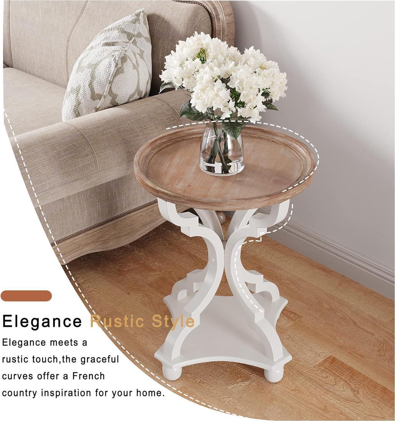 Alt view image 7 of 7 - Function Home Rustic Round End Tables, Farmhouse Small Accent Side Table with Natural Tray Top and Concave Legs, French Country Nightstand for Living Room Bedroom Entryway in Vintage White