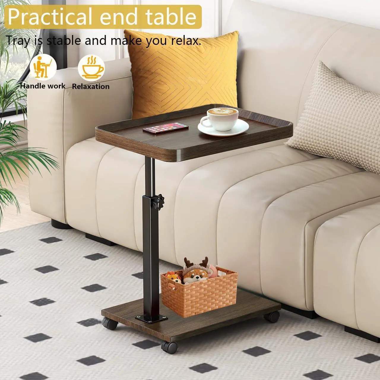 Alt view image 3 of 7 - C Table End Table Adjustable Height, 360°Swivel TV Tray Table for Small Spaces, Couch Tables That Slide Under, C Shaped Side Tables with Wheels for Living Room and Bedroom, Bed,Chair, Snack Table