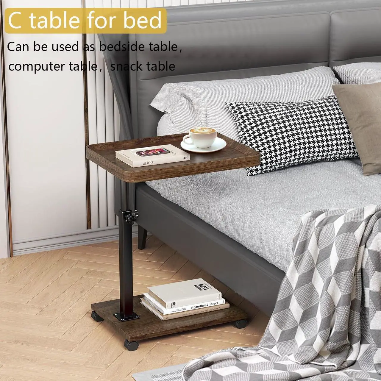 Alt view image 4 of 7 - C Table End Table Adjustable Height, 360°Swivel TV Tray Table for Small Spaces, Couch Tables That Slide Under, C Shaped Side Tables with Wheels for Living Room and Bedroom, Bed,Chair, Snack Table
