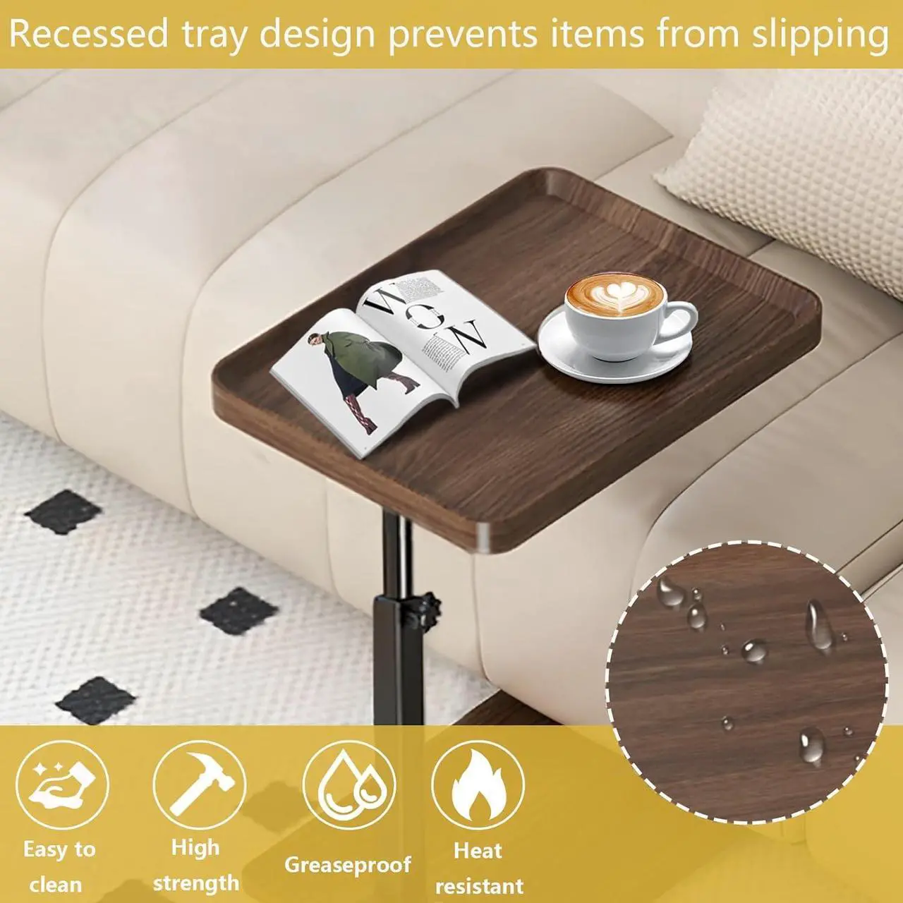 Alt view image 6 of 7 - C Table End Table Adjustable Height, 360°Swivel TV Tray Table for Small Spaces, Couch Tables That Slide Under, C Shaped Side Tables with Wheels for Living Room and Bedroom, Bed,Chair, Snack Table