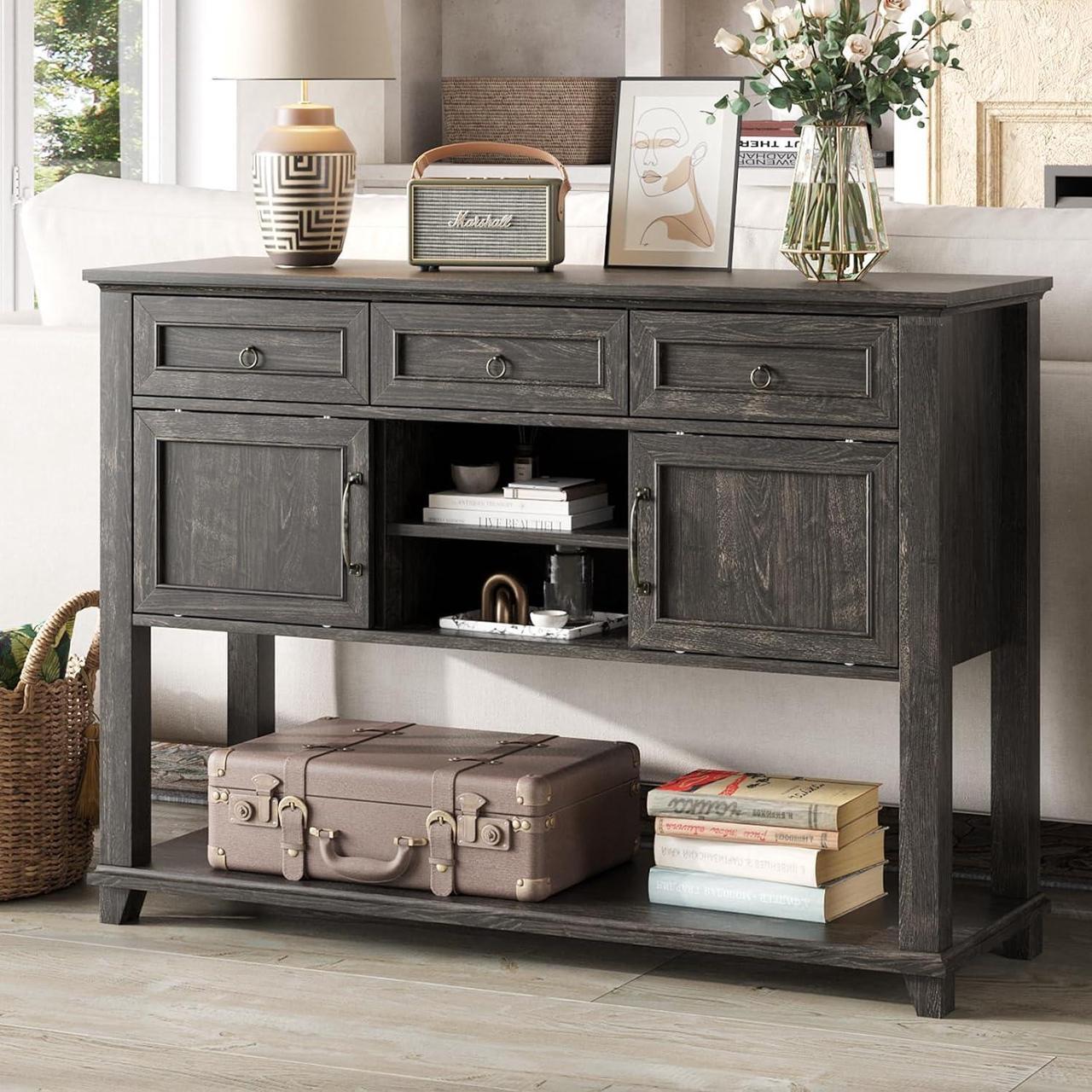 Main image of Vabches Entryway Table with 2 Sliding Barn Doors & 3 Drawers, 47" Farmhouse Console Table with Storage Shelf, Rustic Sofa Table Behind Couch for Hallway, Living Room, Entryway, Dark Rustic