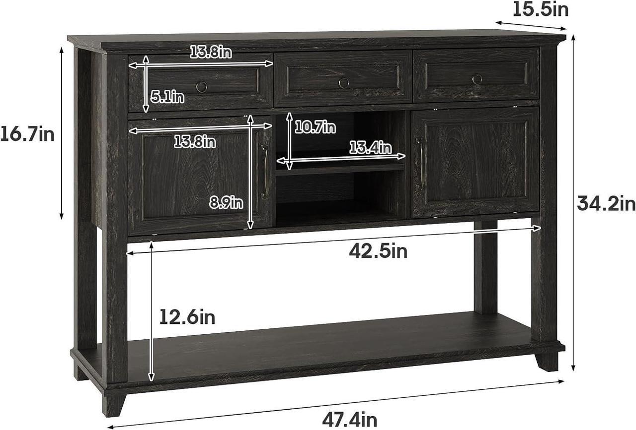 Alt view image 2 of 7 - Vabches Entryway Table with 2 Sliding Barn Doors & 3 Drawers, 47" Farmhouse Console Table with Storage Shelf, Rustic Sofa Table Behind Couch for Hallway, Living Room, Entryway, Dark Rustic