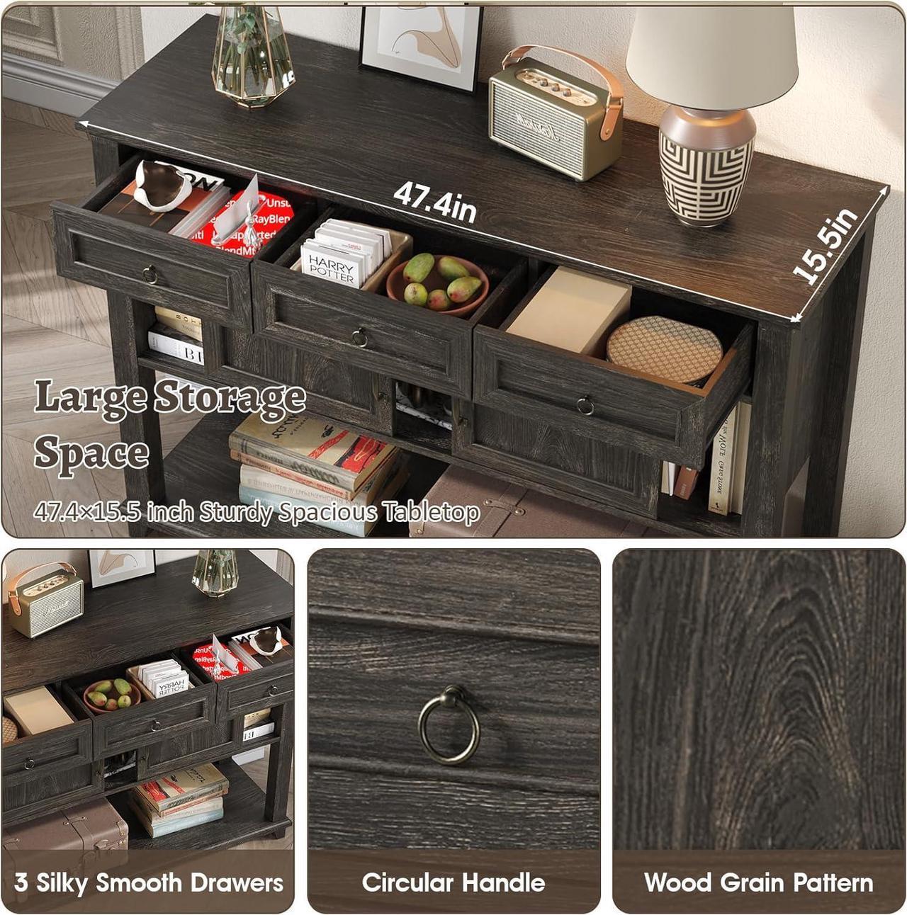 Alt view image 3 of 7 - Vabches Entryway Table with 2 Sliding Barn Doors & 3 Drawers, 47" Farmhouse Console Table with Storage Shelf, Rustic Sofa Table Behind Couch for Hallway, Living Room, Entryway, Dark Rustic
