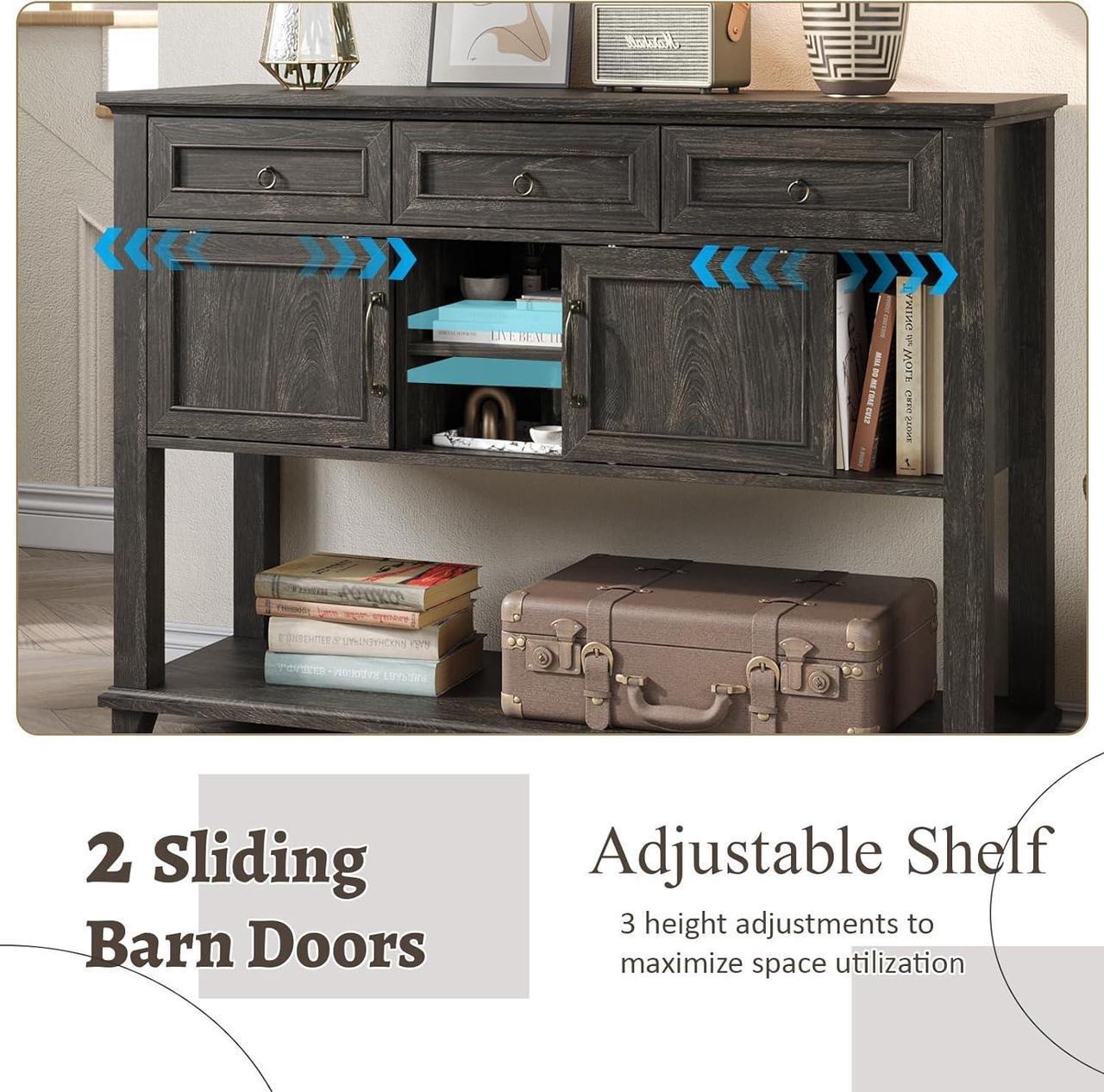 Alt view image 4 of 7 - Vabches Entryway Table with 2 Sliding Barn Doors & 3 Drawers, 47" Farmhouse Console Table with Storage Shelf, Rustic Sofa Table Behind Couch for Hallway, Living Room, Entryway, Dark Rustic