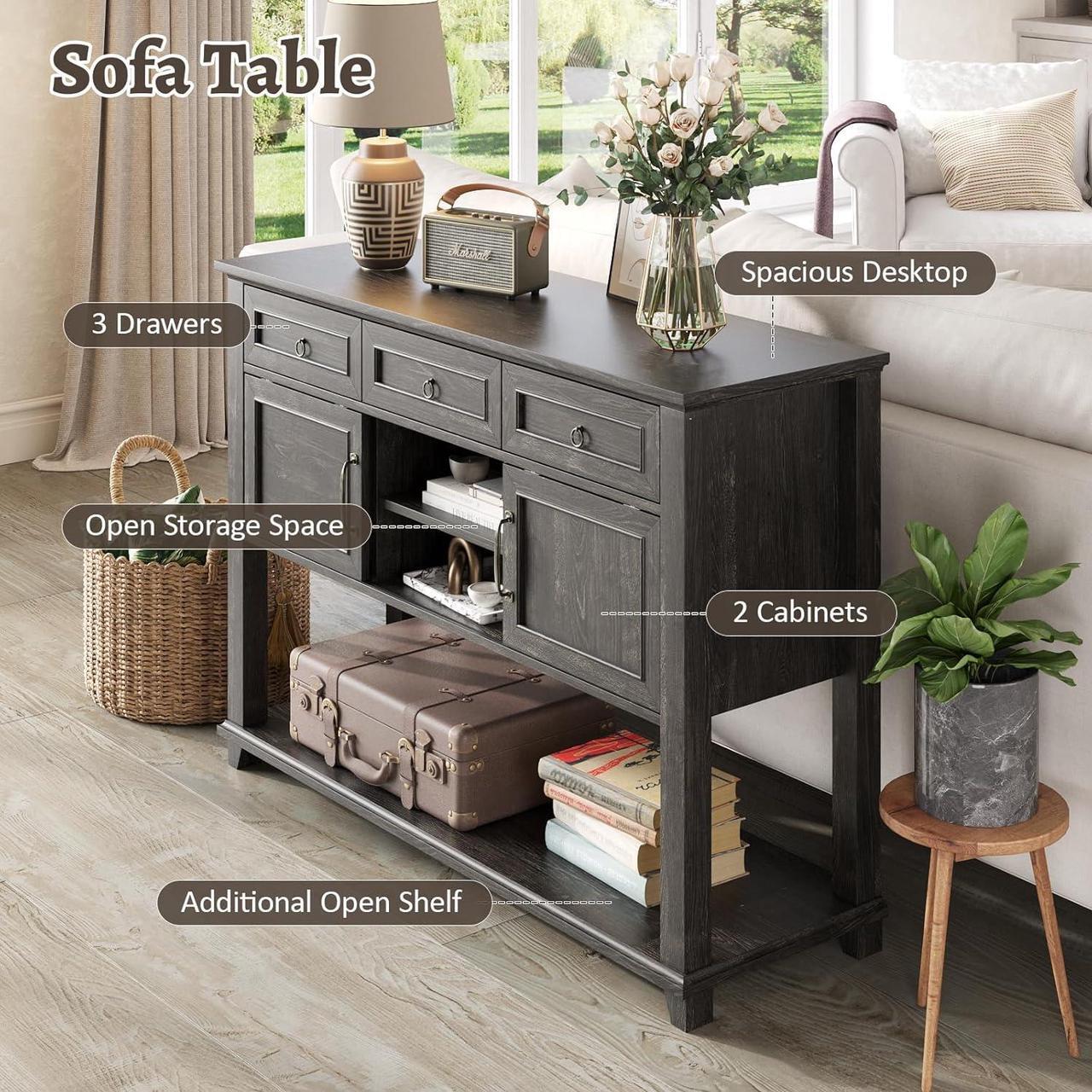 Alt view image 6 of 7 - Vabches Entryway Table with 2 Sliding Barn Doors & 3 Drawers, 47" Farmhouse Console Table with Storage Shelf, Rustic Sofa Table Behind Couch for Hallway, Living Room, Entryway, Dark Rustic