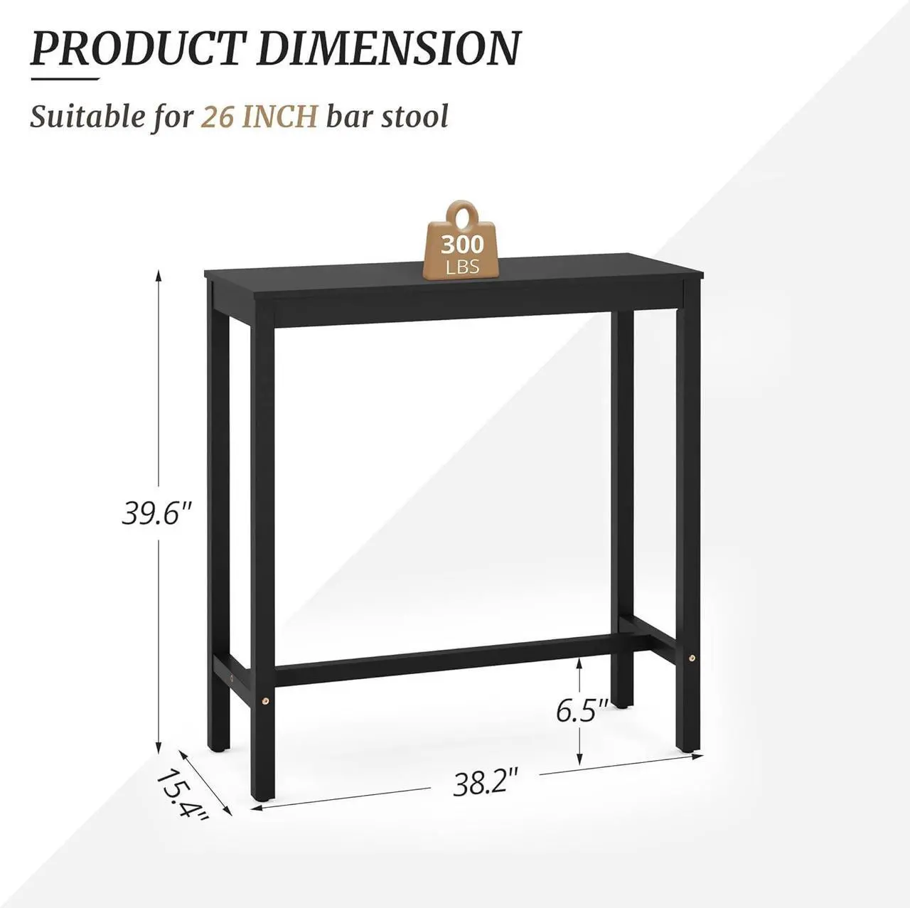 Alt view image 3 of 6 - Bar Table, 38 inch Counter Bar Height Pub Table, Rectangular Acacia Wood High Top Kitchen Dining Table, Indoor Use, Black