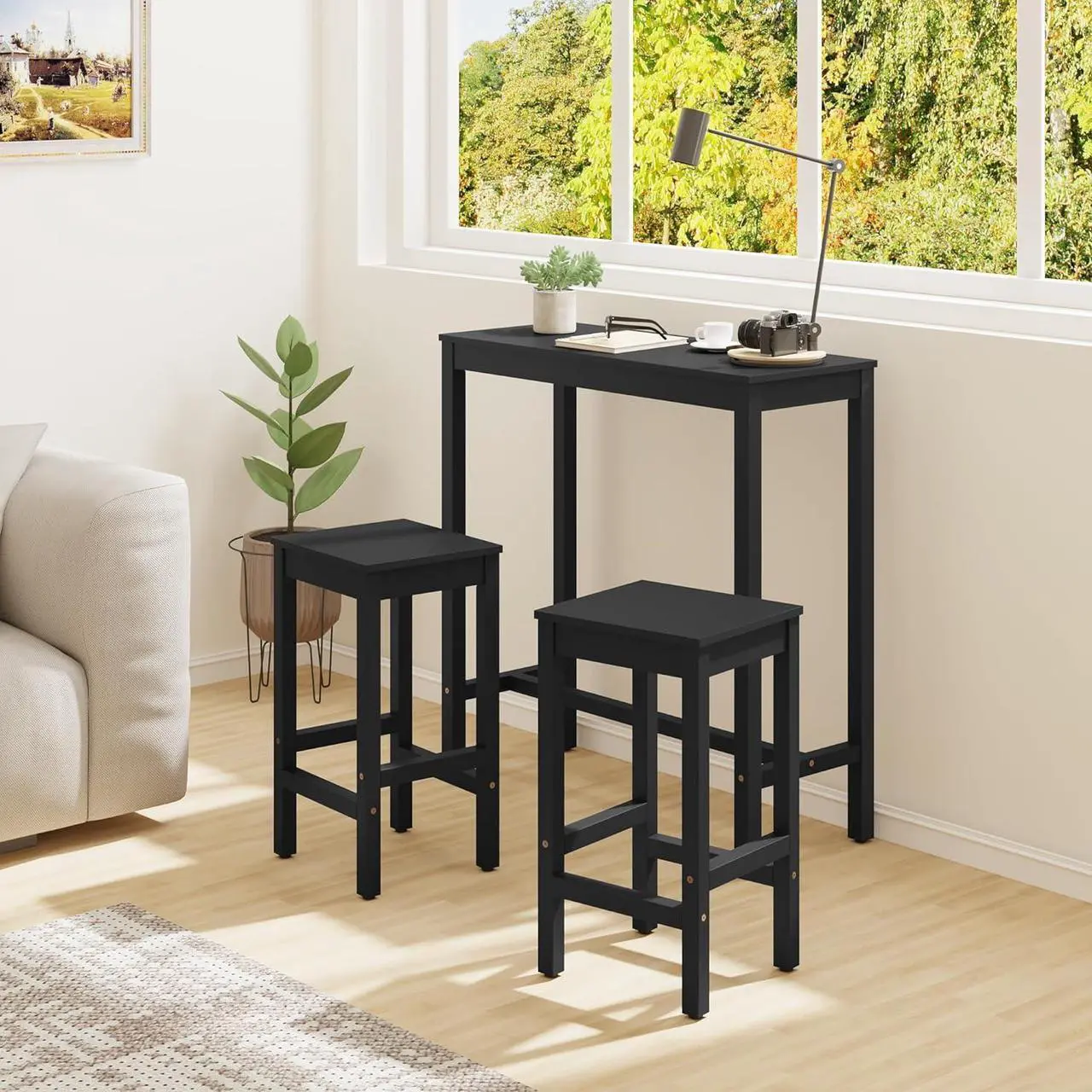 Alt view image 6 of 6 - Bar Table, 38 inch Counter Bar Height Pub Table, Rectangular Acacia Wood High Top Kitchen Dining Table, Indoor Use, Black