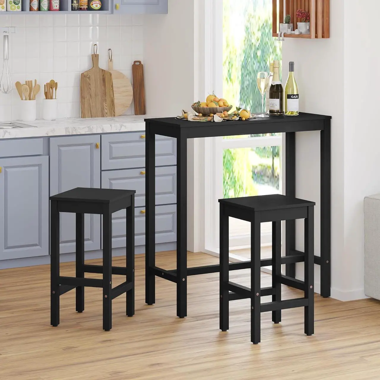 Alt view image 2 of 6 - Bar Table, 38 inch Counter Bar Height Pub Table, Rectangular Acacia Wood High Top Kitchen Dining Table, Indoor Use, Black