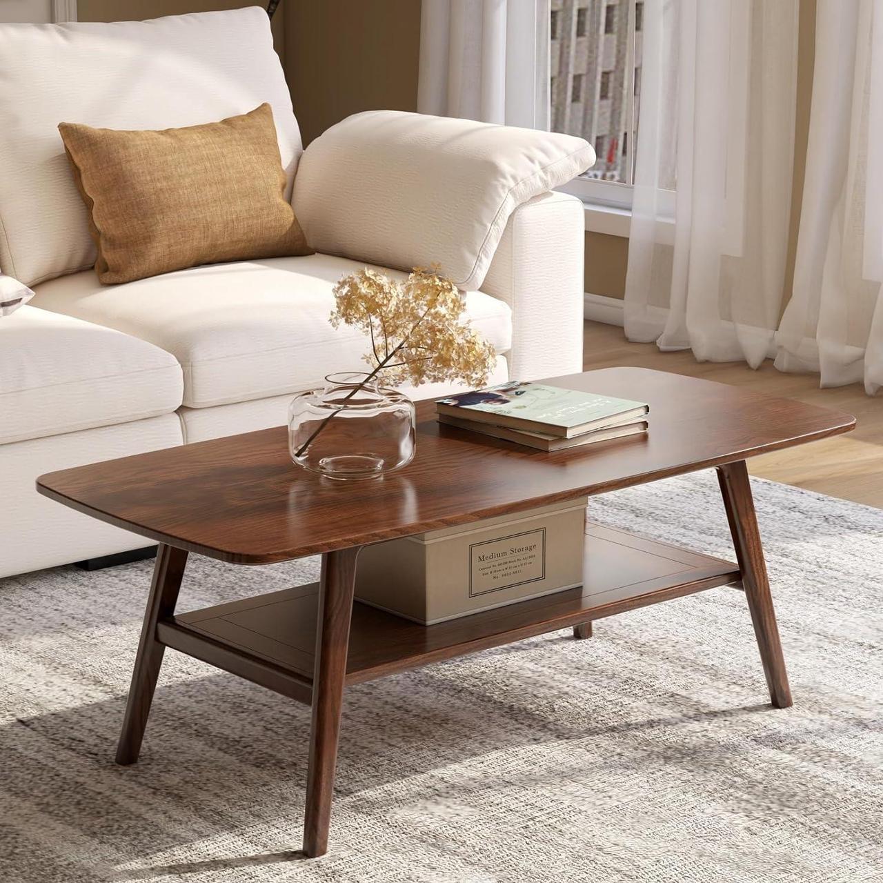 Main image of 100% Solid Oak Wood Coffee Table for Living Room, Coffee Table with Shelf Storage, Mid Century Modern Coffee Table with Rounded Corners (Walnut, 47.24" W x 22.05" D x 17.32" H)