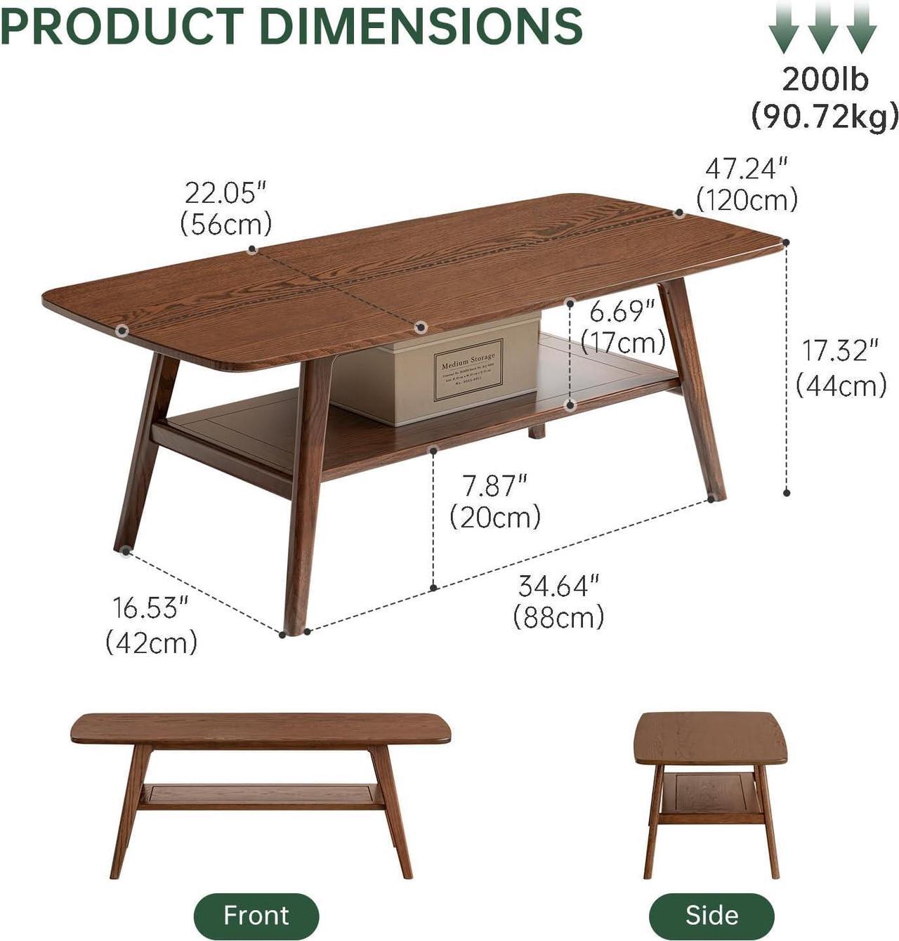 Alt view image 2 of 7 - 100% Solid Oak Wood Coffee Table for Living Room, Coffee Table with Shelf Storage, Mid Century Modern Coffee Table with Rounded Corners (Walnut, 47.24" W x 22.05" D x 17.32" H)