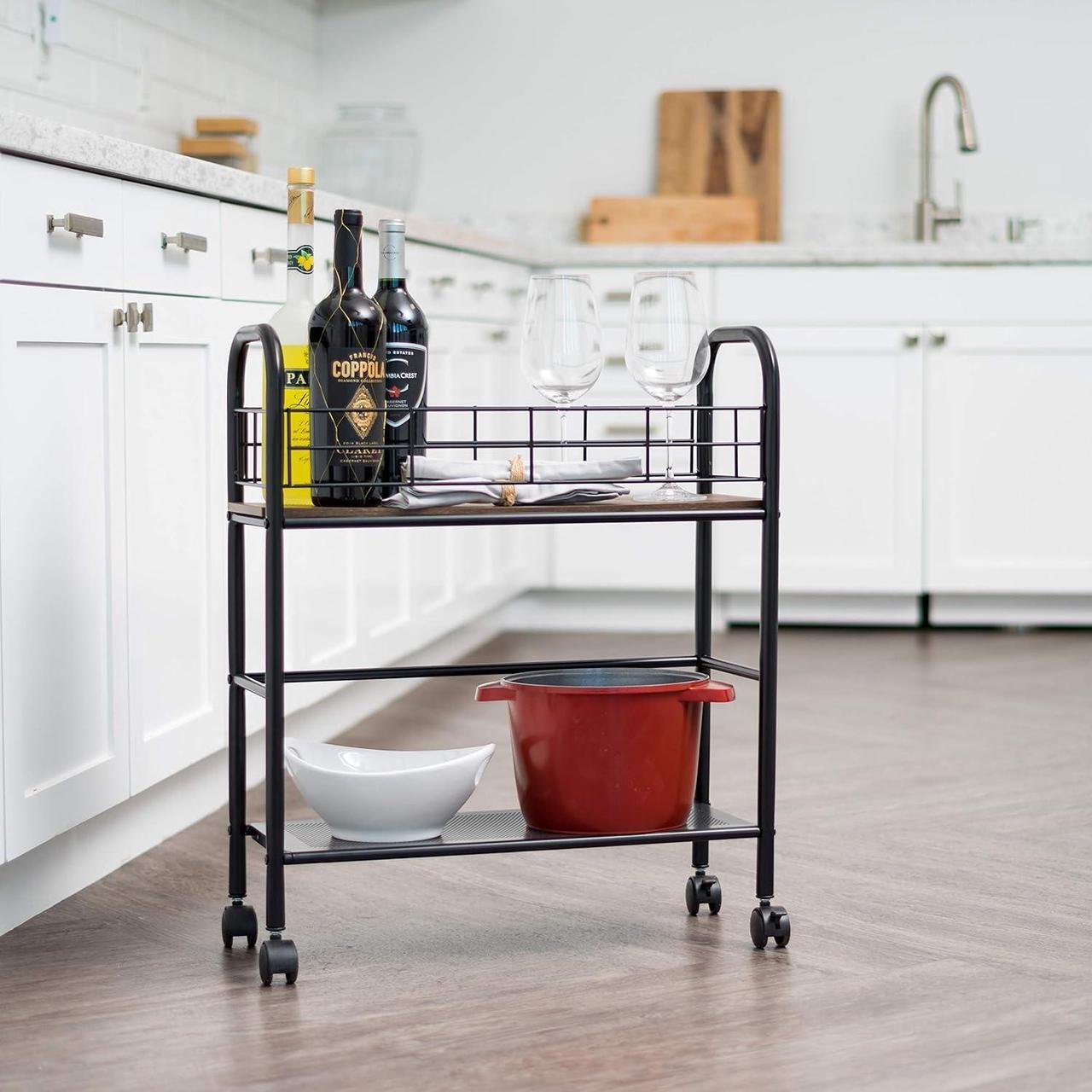 Alt view image 3 of 7 - IRIS USA 2-Tier Kitchen Storage Rolling Cart with Lockable Caster Wheels, Coffee Cart, Pantry Rack, Home Bar, Serving Cart, Slim, Rustic Brown