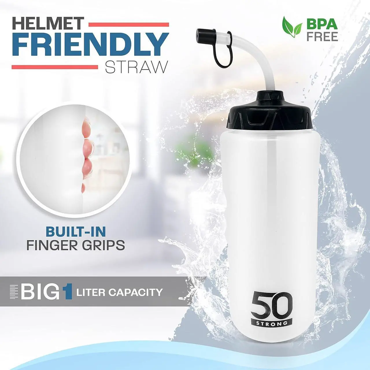 Alt view image 2 of 6 - 50 Strong 1 Liter Water Bottle with Straw  18-Pack Easy-Squeeze Sports Bottles with Long Straw & Built-In Finger Grip  BPA-Free & Made in USA  Ideal for Hockey & Team Sports