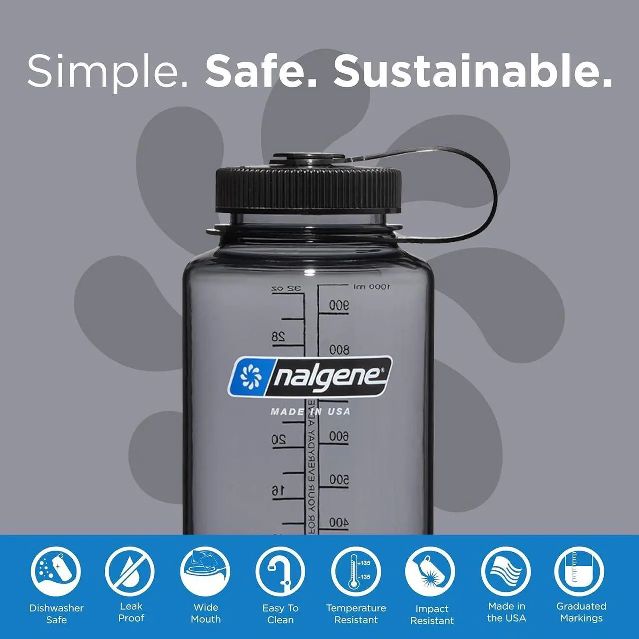 Alt view image 3 of 6 - Nalgene Sustain Tritan BPA-Free Water Bottle Made with Material Derived From 50% Plastic Waste, 32 OZ, Wide Mouth, Gray w/ Black Lid