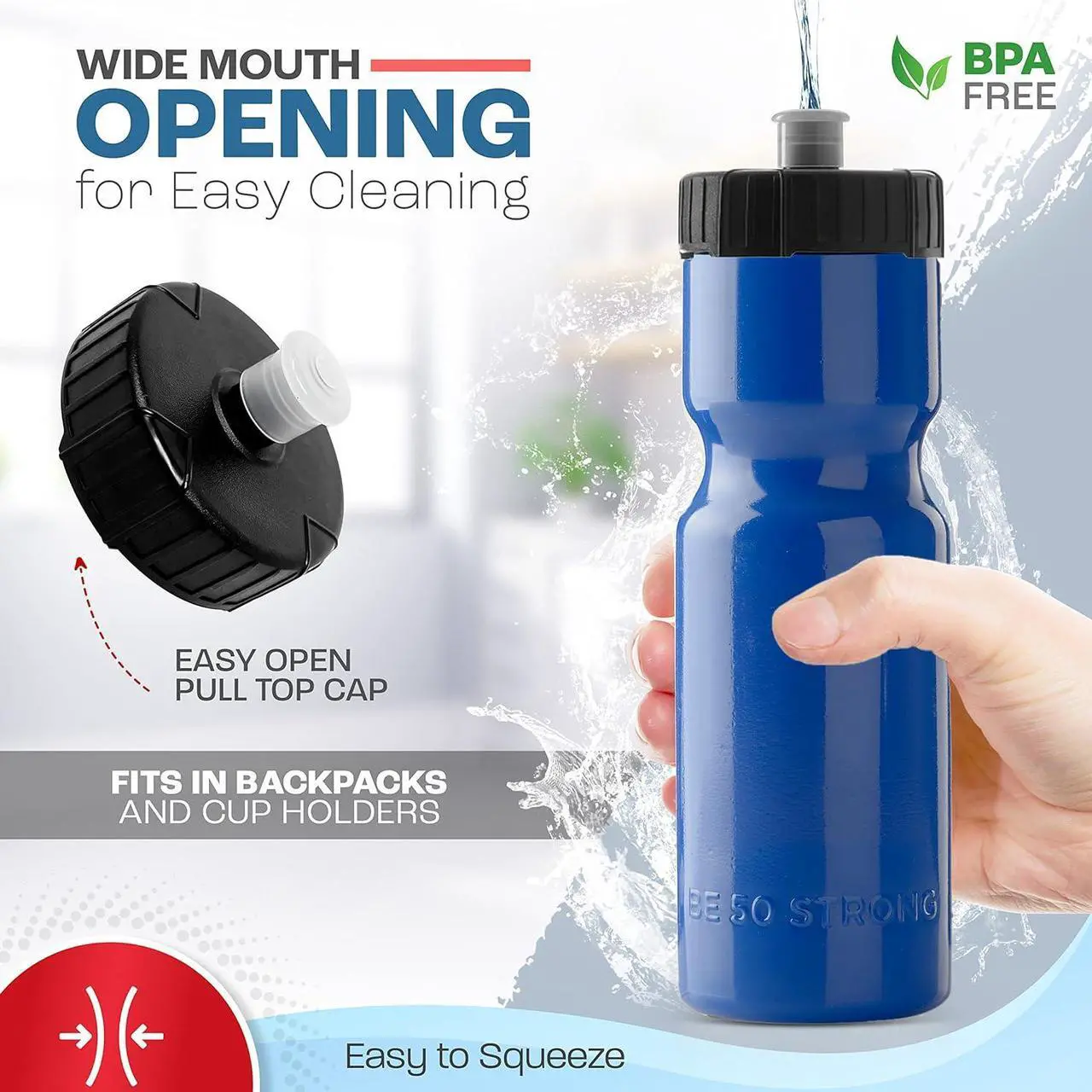 Alt view image 2 of 7 - 50 Strong Bulk Water Bottles | 24 Pack Sports Bottle | 22 oz. BPA-Free Easy Open with Pull Top Cap | Made in USA | Reusable Plastic Water Bottles for Adults & Kids | Top Rack Dishwasher Safe