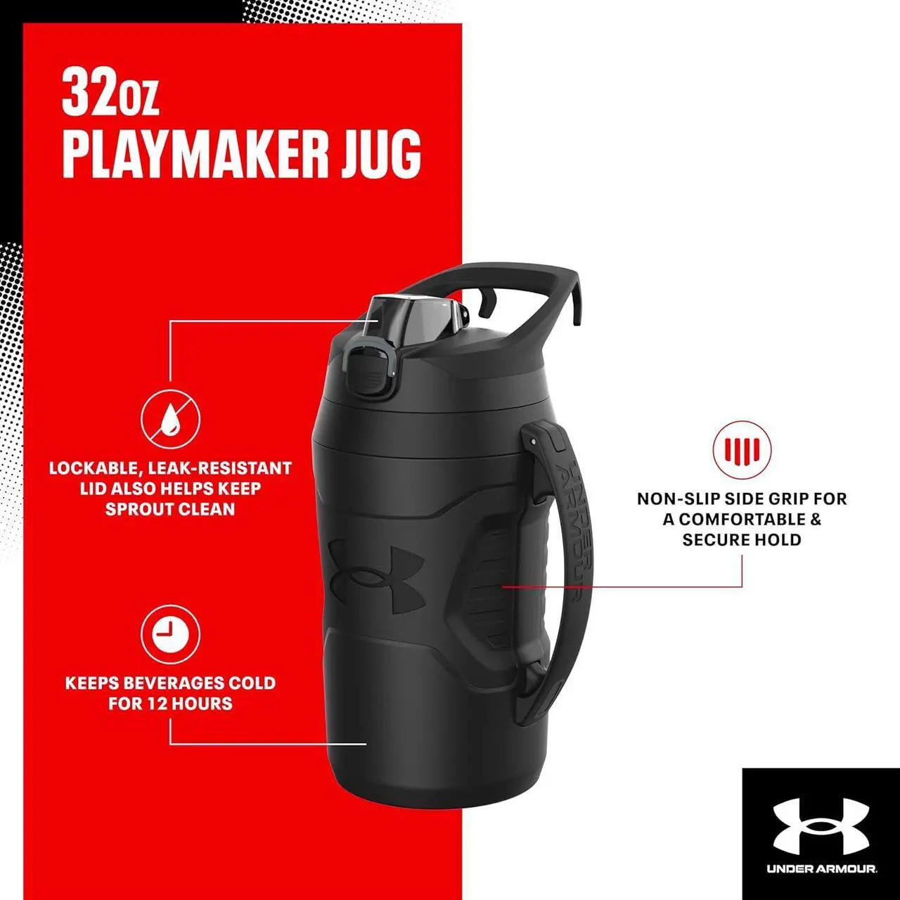 Alt view image 2 of 6 - Under Armour 32 oz Insulated Water Bottles - Sports Water Jug with Handle, Fence Hook, Leak Resistant for Baseball, Football & More, 32 oz Water Bottles, Sports Water Bottle Insulated