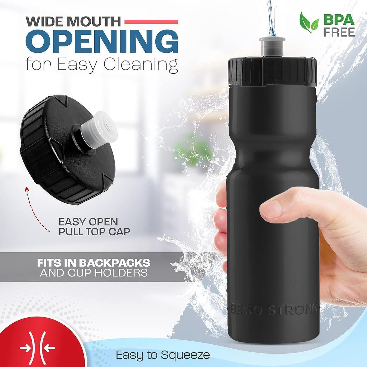 Alt view image 3 of 6 - 50 Strong Bulk Water Bottles | 24 Pack Sports Bottle | 22 oz. BPA-Free Easy Open with Pull Top Cap | Made in USA | Reusable Plastic Water Bottles for Adults & Kids | Top Rack Dishwasher Safe