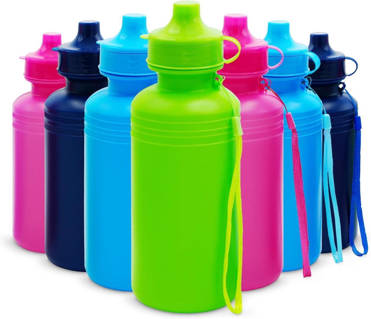Main image of 4E's Novelty Bulk Water Sports Bottles for Kids 18 oz - 12 Pack Squeeze Reusable Plastic, Neon Colors, BPA Free, Kids Water Bottles Party Favor Gift Giveaways