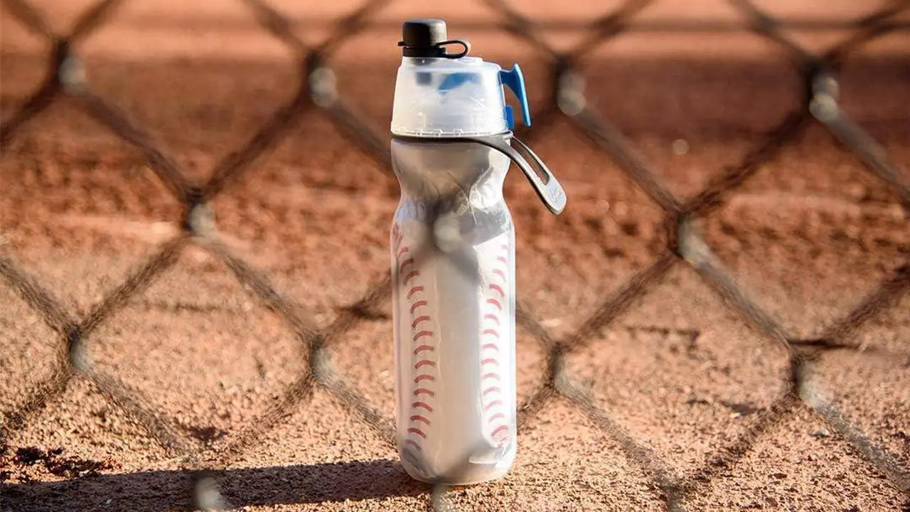 Alt view image 7 of 7 - O2COOL Mist 'N Sip Misting Water Bottle 2-in-1 Function With No Leak Pull Top Spout Sports Reusable Water Bottle - 20 oz (2 Pack Baseball)