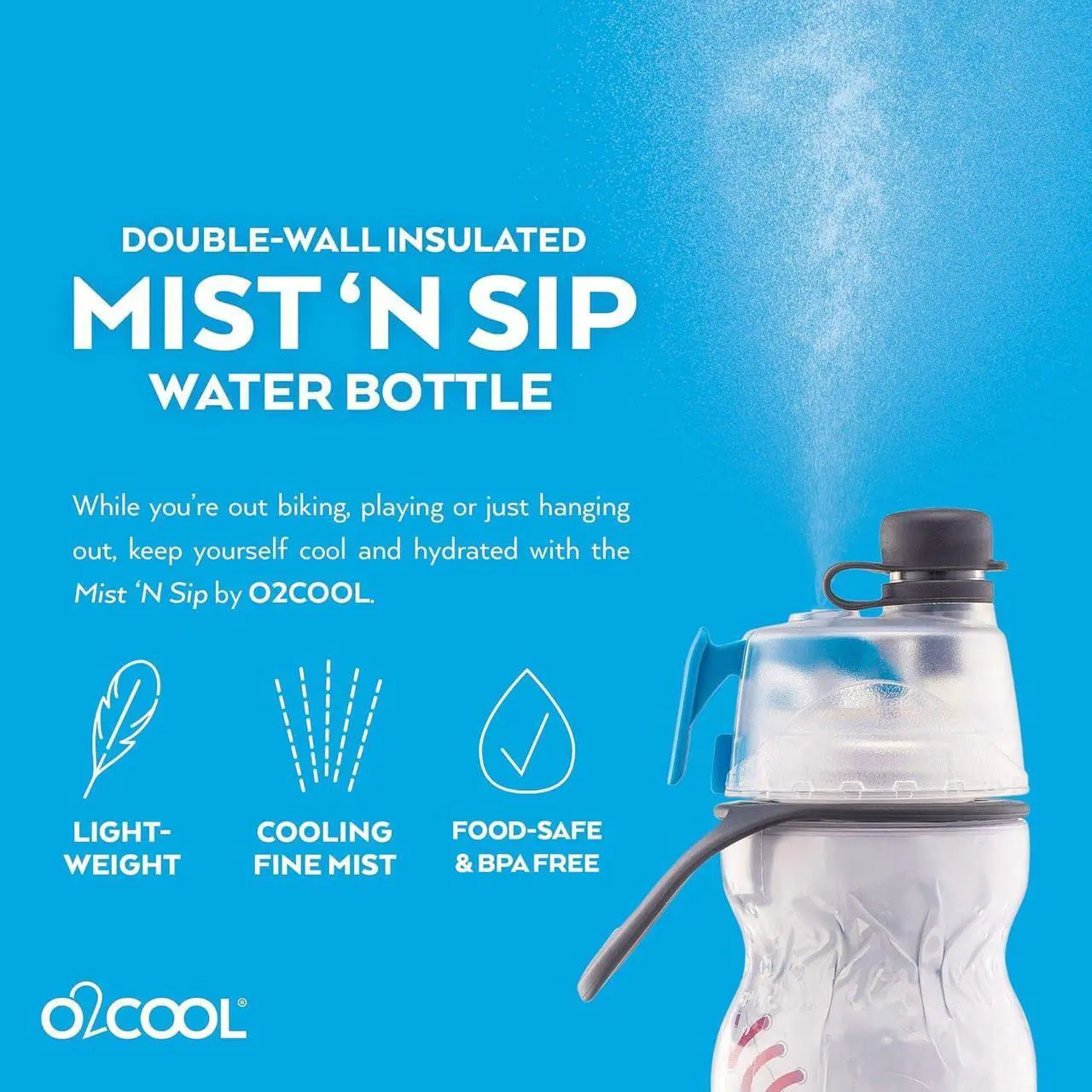 Alt view image 3 of 7 - O2COOL Mist 'N Sip Misting Water Bottle 2-in-1 Function With No Leak Pull Top Spout Sports Reusable Water Bottle - 20 oz (2 Pack Baseball)