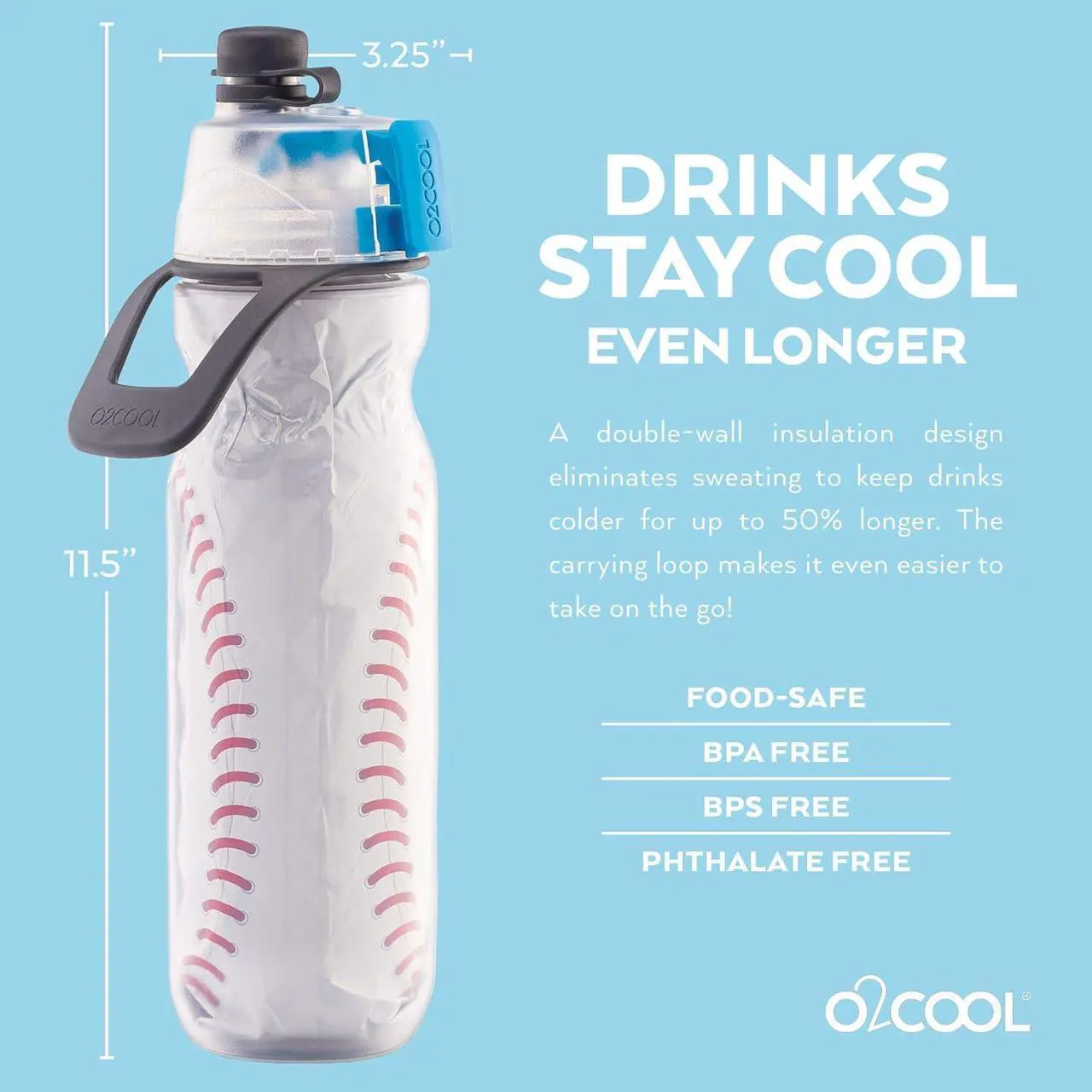 Alt view image 4 of 7 - O2COOL Mist 'N Sip Misting Water Bottle 2-in-1 Function With No Leak Pull Top Spout Sports Reusable Water Bottle - 20 oz (2 Pack Baseball)