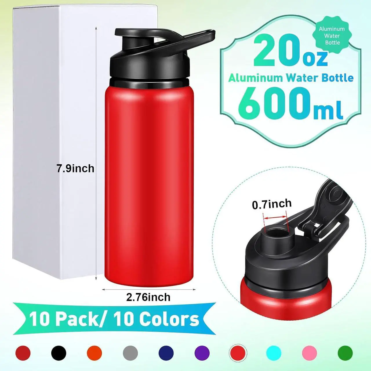 Alt view image 2 of 6 - 10 Pieces 20oz Reusable Aluminum Water Bottles Bulk Multicolor Outdoor Sports Water Bottles for Travel, Gym, Hiking, Cycling, Camping, Fishing, Snap Lid(Multicolor)