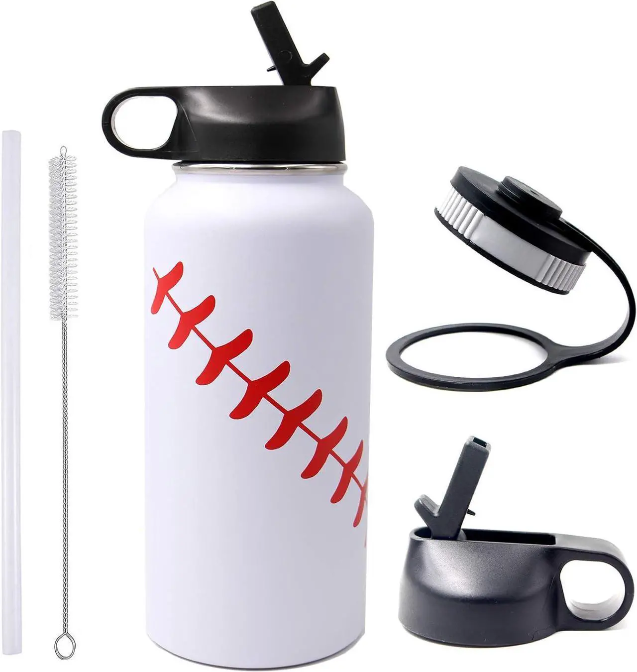 Main image of 32 oz Baseball Water Bottle, Wide Mouth Sports Flask Metal Travel Tumbler with 2 Lids 18/8 Stainless Steel Double Wall Vacuum Insulated (32oz, White baseball)