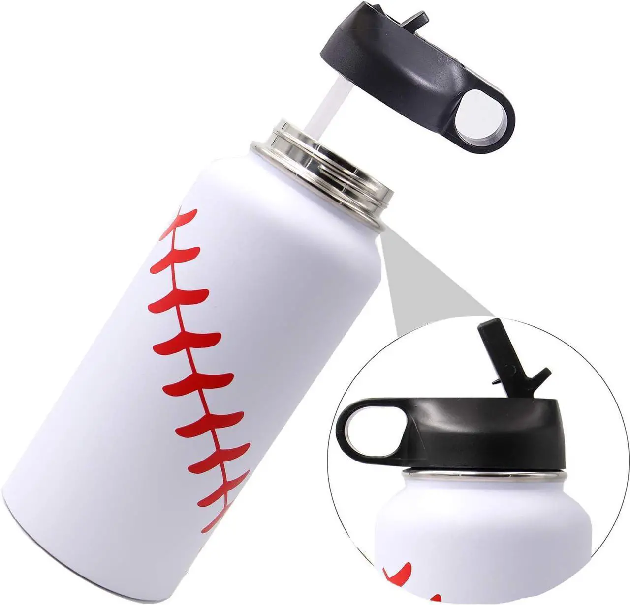 Alt view image 2 of 7 - 32 oz Baseball Water Bottle, Wide Mouth Sports Flask Metal Travel Tumbler with 2 Lids 18/8 Stainless Steel Double Wall Vacuum Insulated (32oz, White baseball)