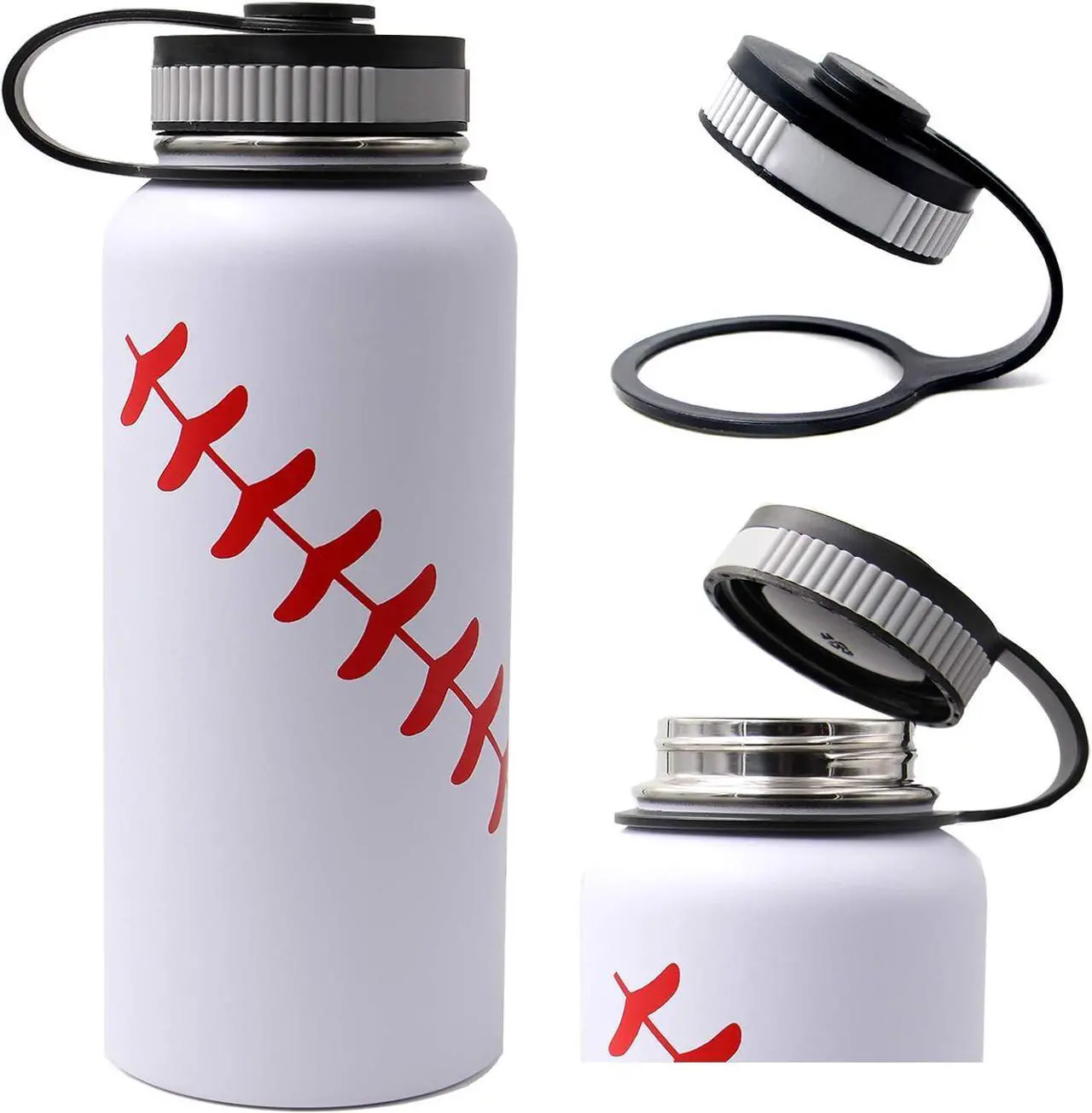 Alt view image 3 of 7 - 32 oz Baseball Water Bottle, Wide Mouth Sports Flask Metal Travel Tumbler with 2 Lids 18/8 Stainless Steel Double Wall Vacuum Insulated (32oz, White baseball)