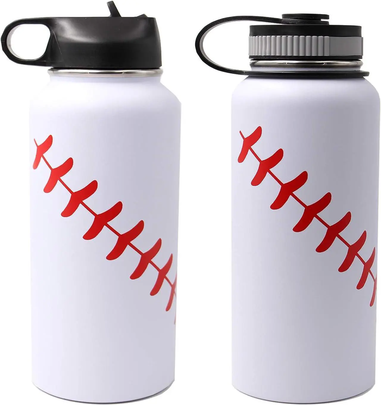 Alt view image 5 of 7 - 32 oz Baseball Water Bottle, Wide Mouth Sports Flask Metal Travel Tumbler with 2 Lids 18/8 Stainless Steel Double Wall Vacuum Insulated (32oz, White baseball)